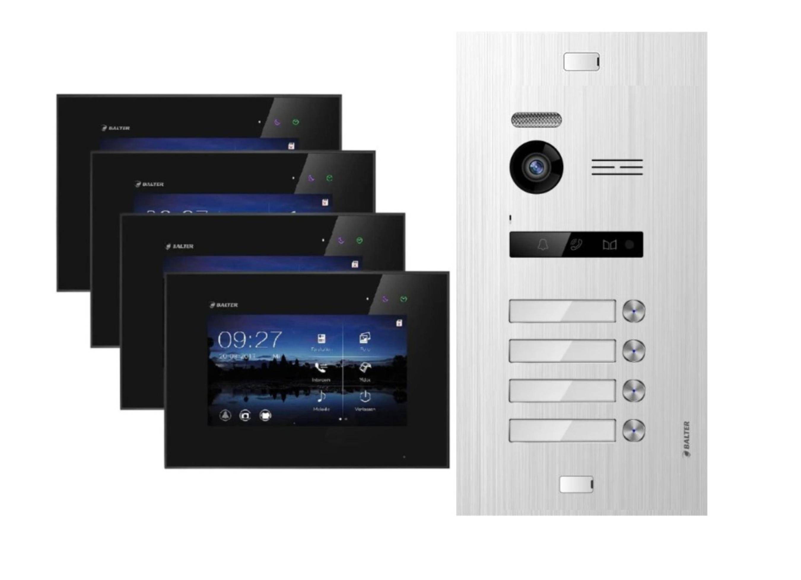 Balter EVO Video-Türsprechanlage für Vierfamilienhaus mit 4x 7 Zoll Monitor Silber Schwarz