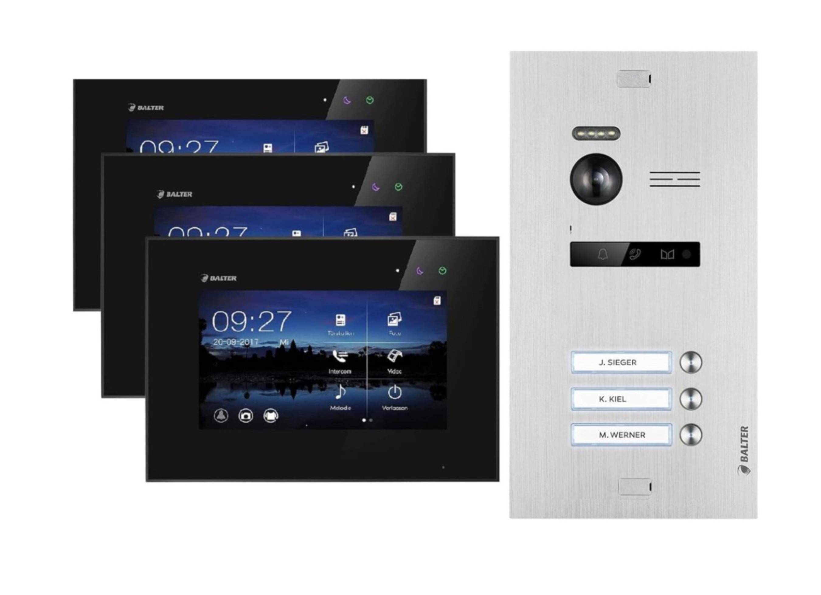 Balter EVO Video-Türsprechanlage für Dreifamilienhaus mit 3x 7 Zoll Monitor Silber Schwarz