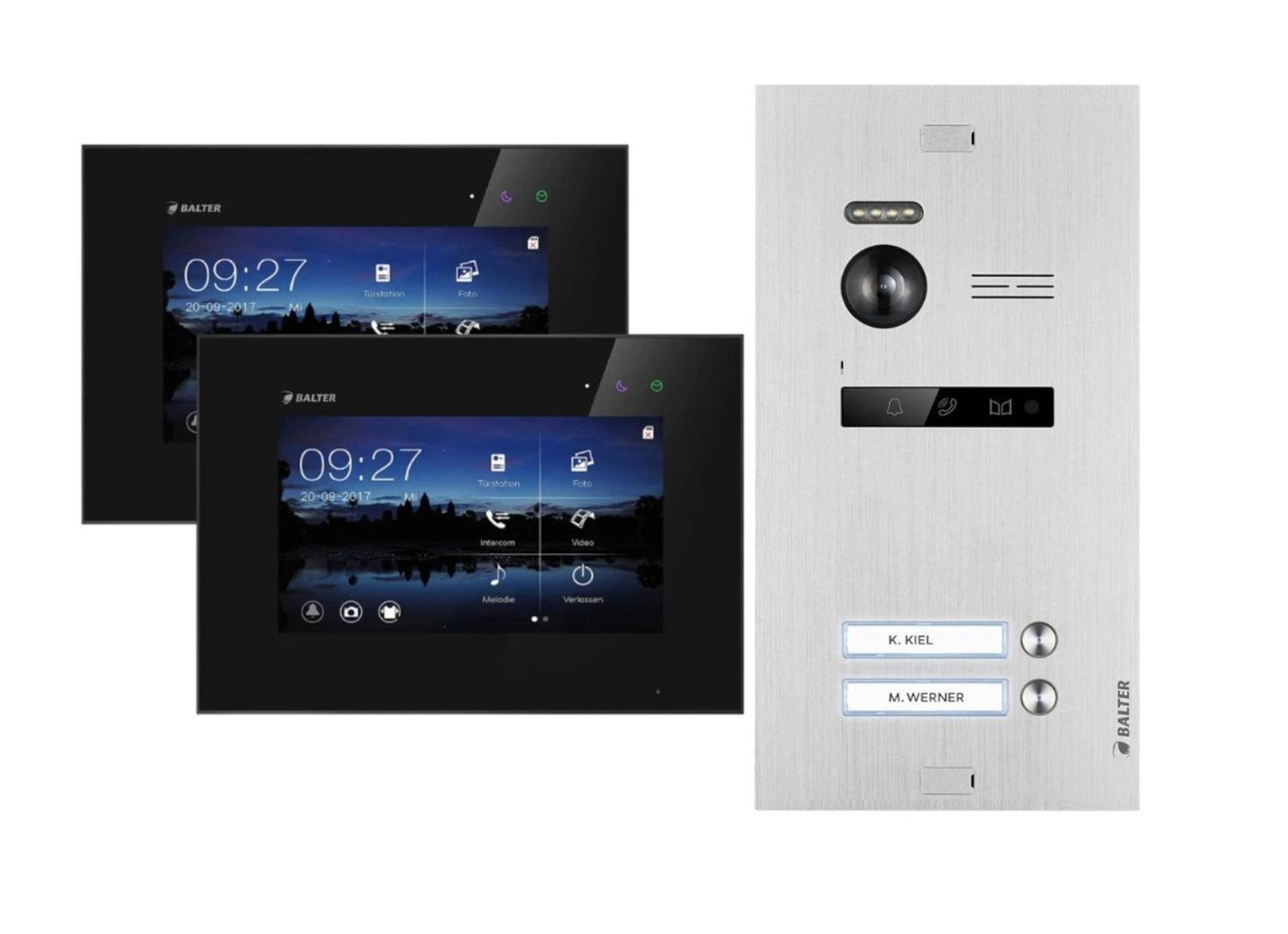 Balter EVO Video-Türsprechanlage für Zweifamilienhaus mit 2x 7 Zoll Monitor Silber Schwarz