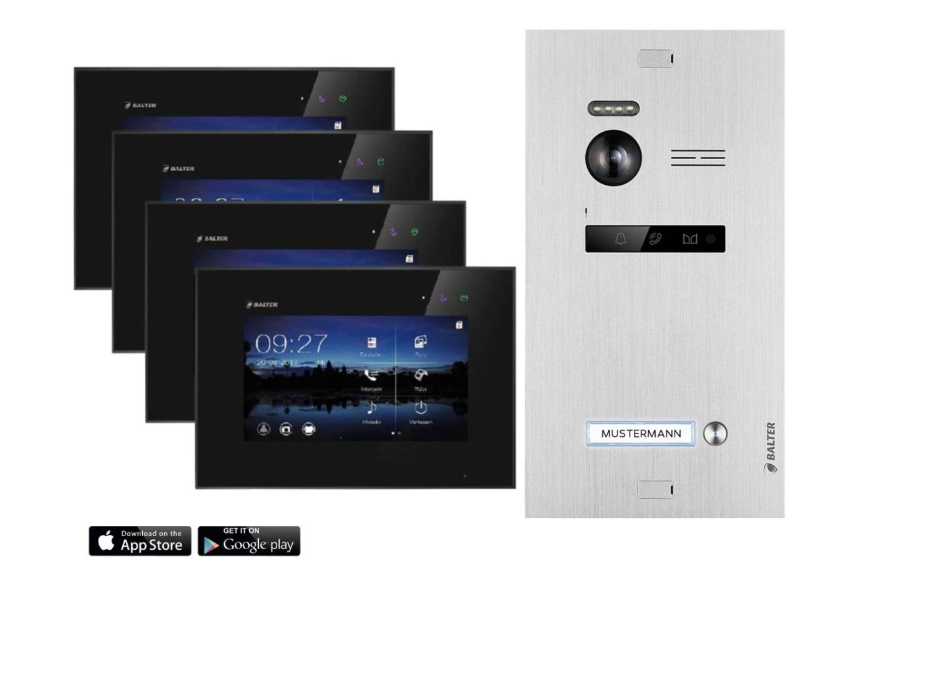 Balter EVO Video-Türsprechanlage mit App für Einfamilienhaus mit 4x 7 Zoll Monitor Silber Schwarz