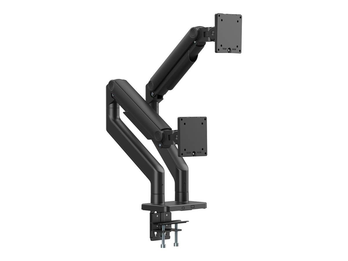 Ein Dual-Monitorarm in schwarzer Ausführung, konzipiert zum Montieren von zwei Bildschirmen auf einem Schreibtisch, ausgestattet mit verstellbaren Armen für individuelle Positionierungsmöglichkeiten.