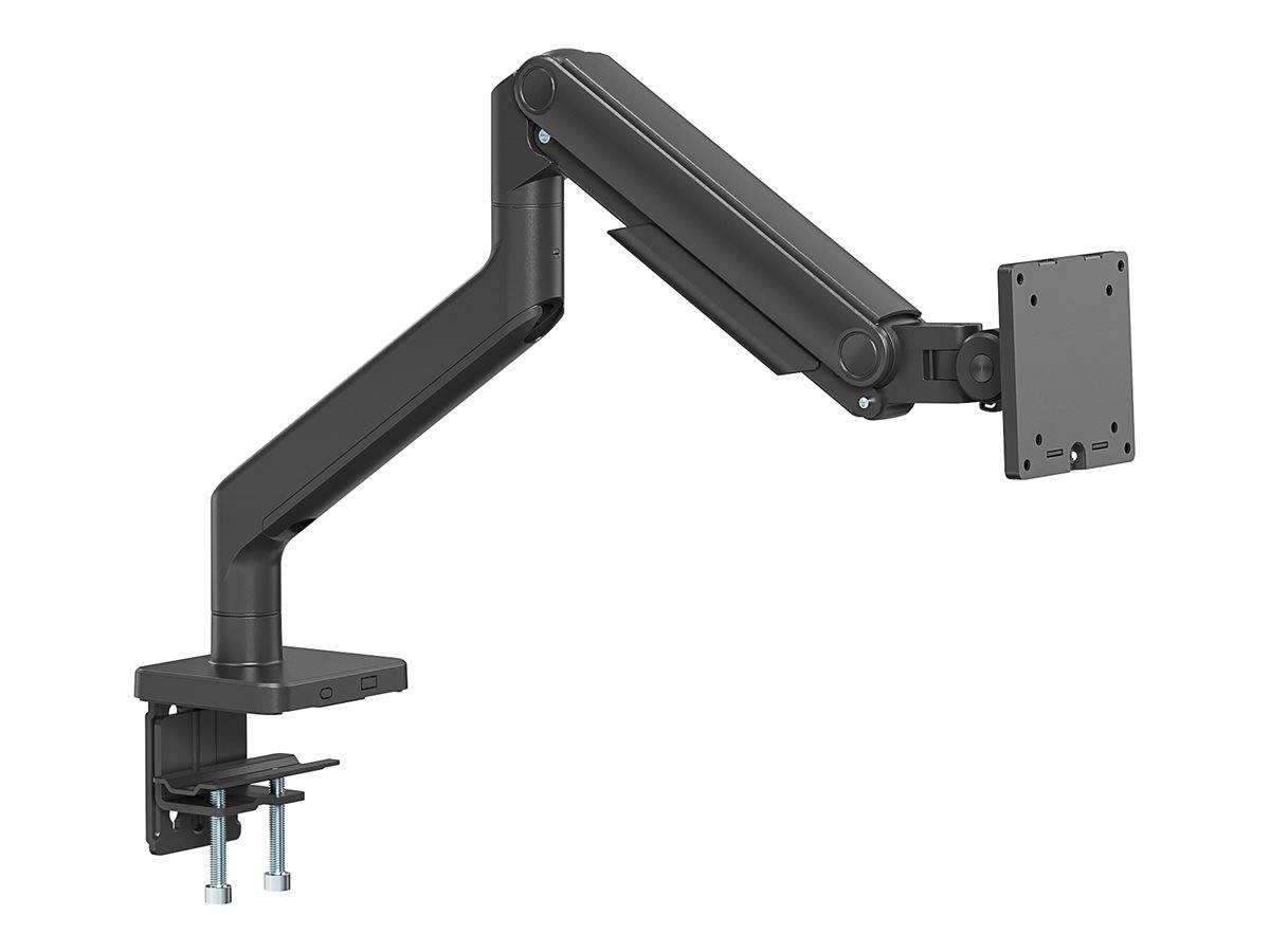 Ein verstellbarer schwarzer Monitorarm mit Klemmhalterung, der einen Monitorhalter unterstützt und für die Befestigung am Schreibtisch und flexible Positionierung entwickelt wurde.