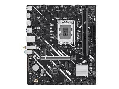 Eine schwarze ASUS PRIME B760M-F WIFI Mainboard mit einem LGA-Sockel in der Mitte, mehreren Steckplätzen für RAM, PCIe und verschiedenen Anschlüssen für Konnektivität.