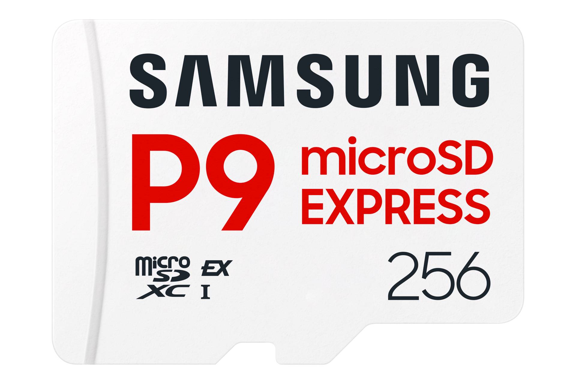 Samsung microSD Express P9 Speicherkarte, 256GB, mit microSDXC- und EX-Symbolen auf einem weißen Kartenbild.