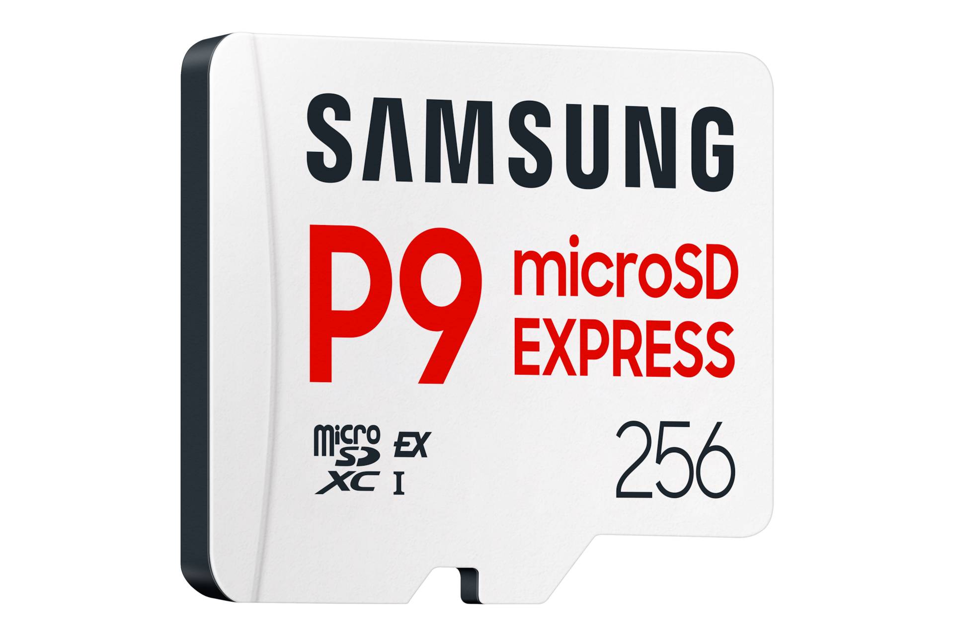 Samsung P9 microSD Express Speicherkarte, 256 GB, auf einem weißen Produktetikett mit dem microSDXC EX 1 Logo gezeigt.