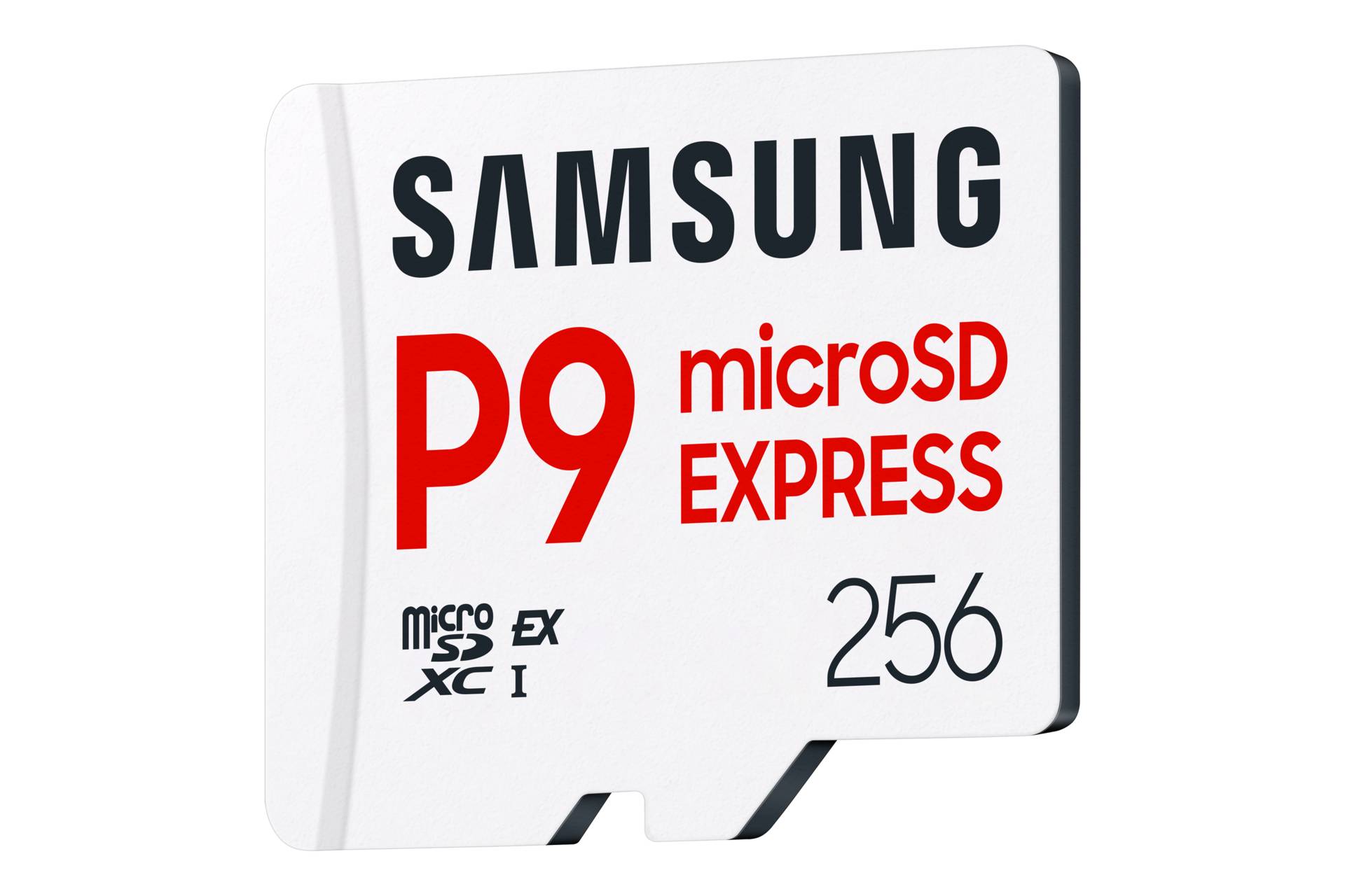 Samsung P9 microSD Express 256GB Speicherkarte auf schwarzem Hintergrund.