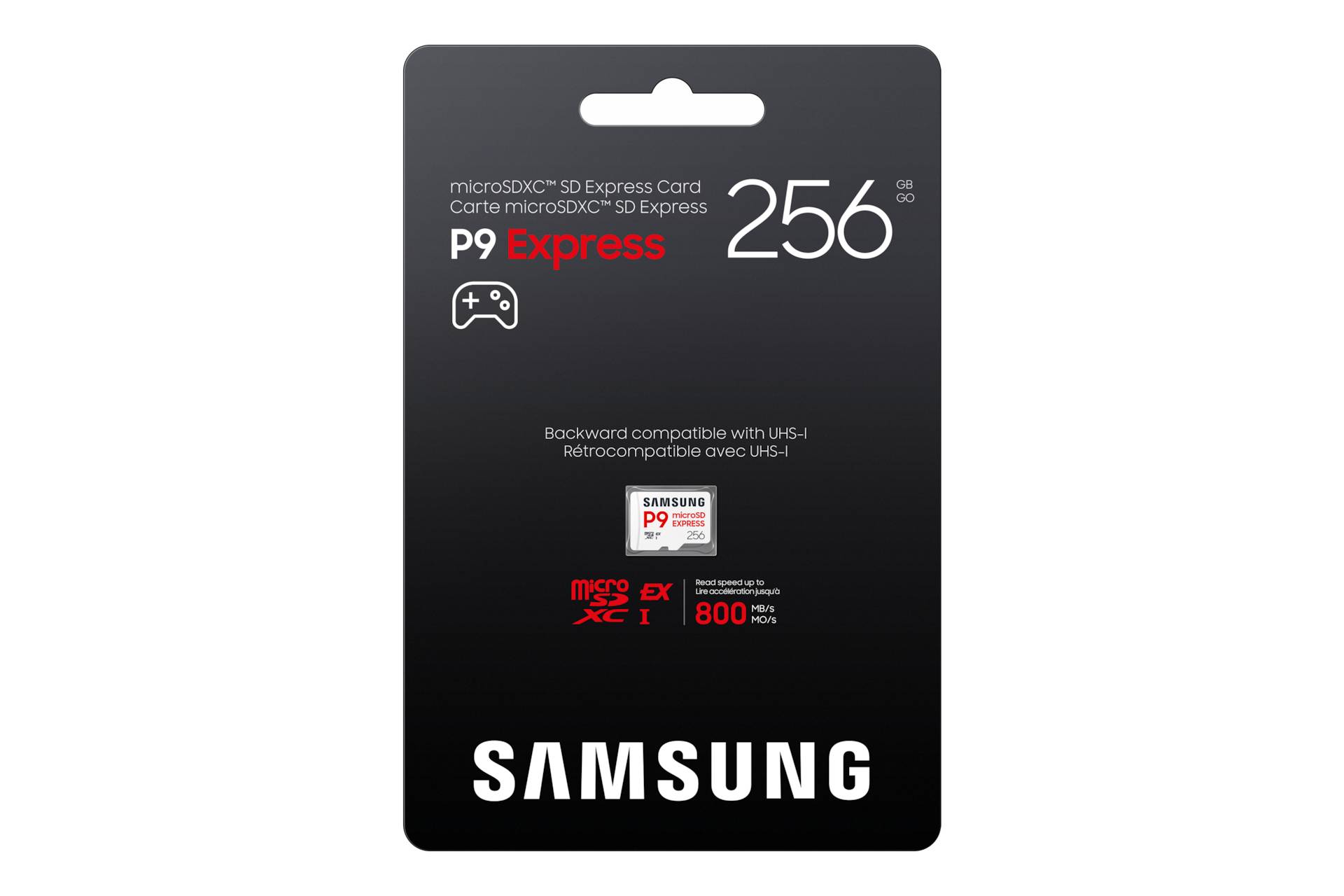 Samsung P9 Express 256GB microSDXC-Speicherkarte mit Spielsymbol und UHS-I-Kompatibilitätsdetails