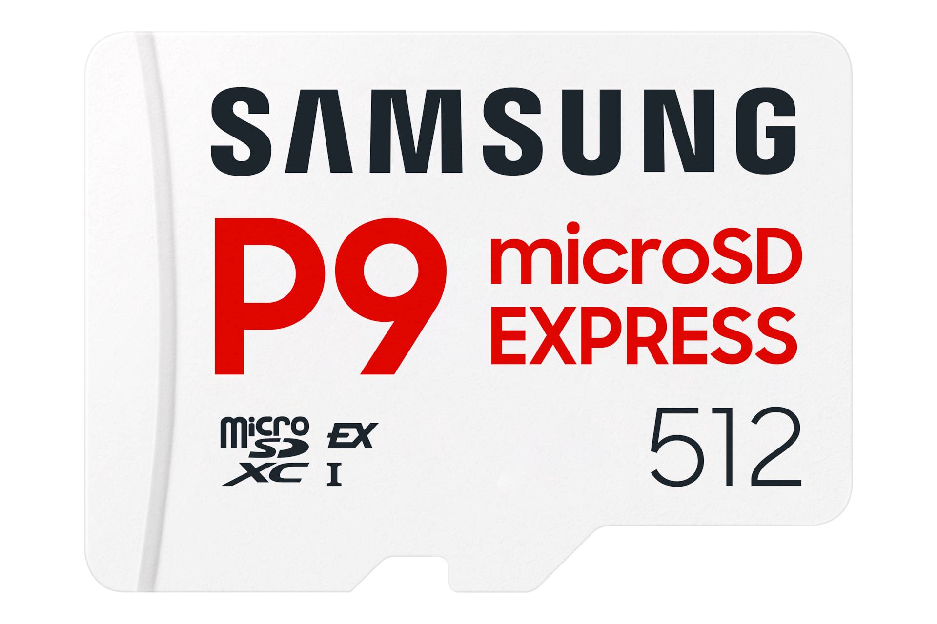 Samsung P9 microSD Express 512 GB Speicherkarte, weiß mit schwarzem Text und rotem 'P9'.