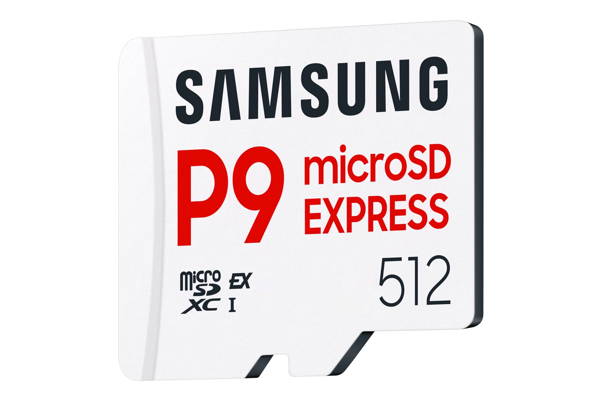 Samsung P9 microSD Express 512GB Speicherkarte auf weißem Hintergrund dargestellt.