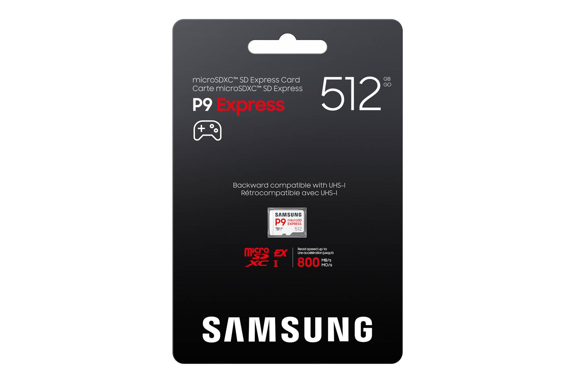 Samsung P9 Express microSD-Karte Paket, 512 GB, mit Game-Controller-Symbol und Etiketten für Rückwärtskompatibilität und Lesegeschwindigkeit von bis zu 800 MB/s.