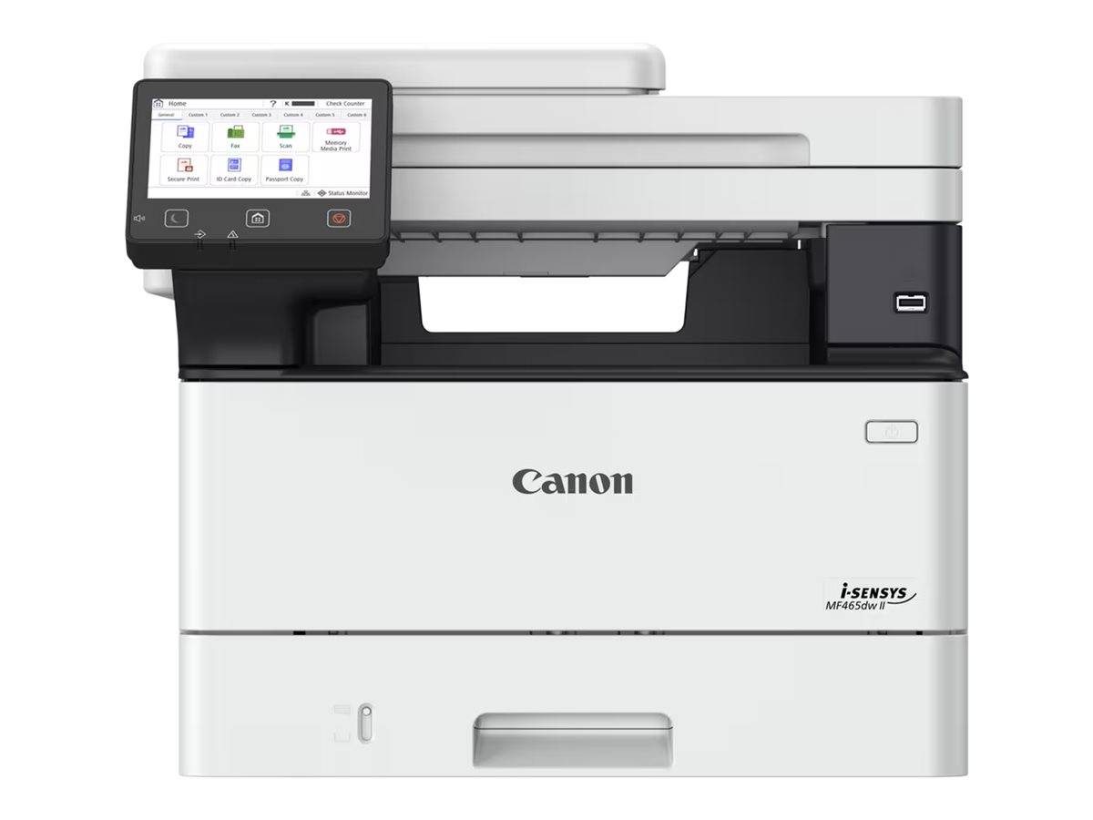 Vorderansicht eines Canon imageRUNNER Multifunktionsdruckers mit Touchscreen-Bedienfeld, Papierfach und Scanner-/Kopiergerät.