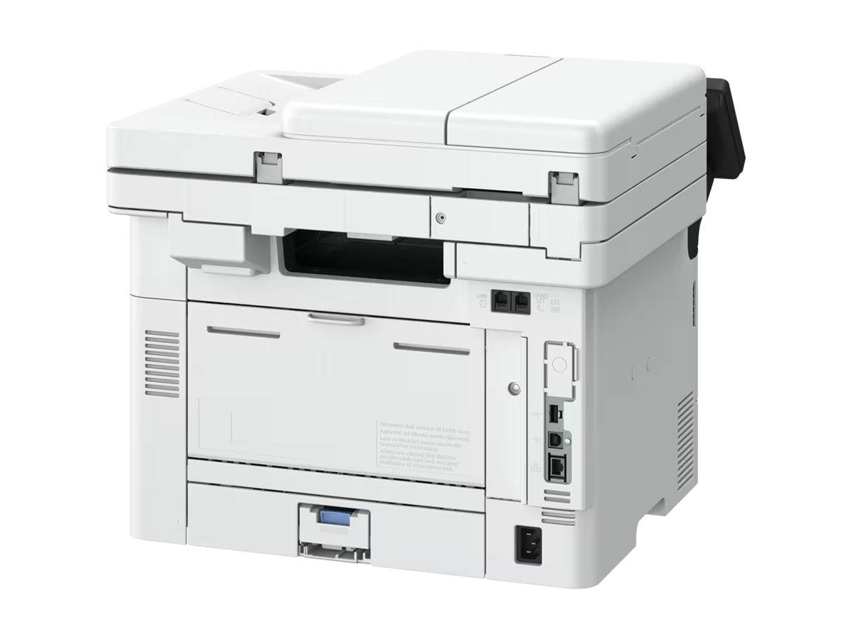 Weißer Büro-Multifunktionsdrucker/Kopierer mit Scannerfrontdeckel, Papierfach und Steuerungsanschlüssen auf einfachem Hintergrund.
