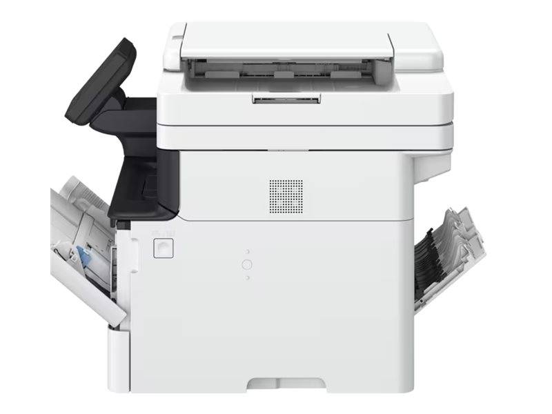 Weißer Multifunktionsbürodrucker mit geöffneten seitlichen Papierfächern, in der Profilansicht auf weißem Hintergrund dargestellt.