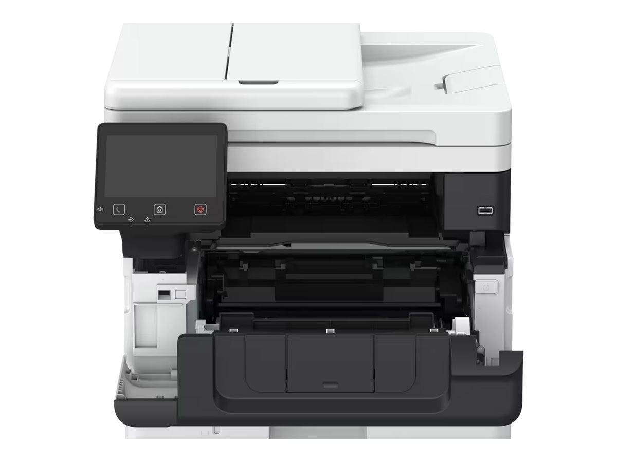 Vorderansicht eines Multifunktionsdruckers mit Scanner, Touchscreen-Bedienfeld, offener Papierfach und sichtbarem Papiertransportbereich.