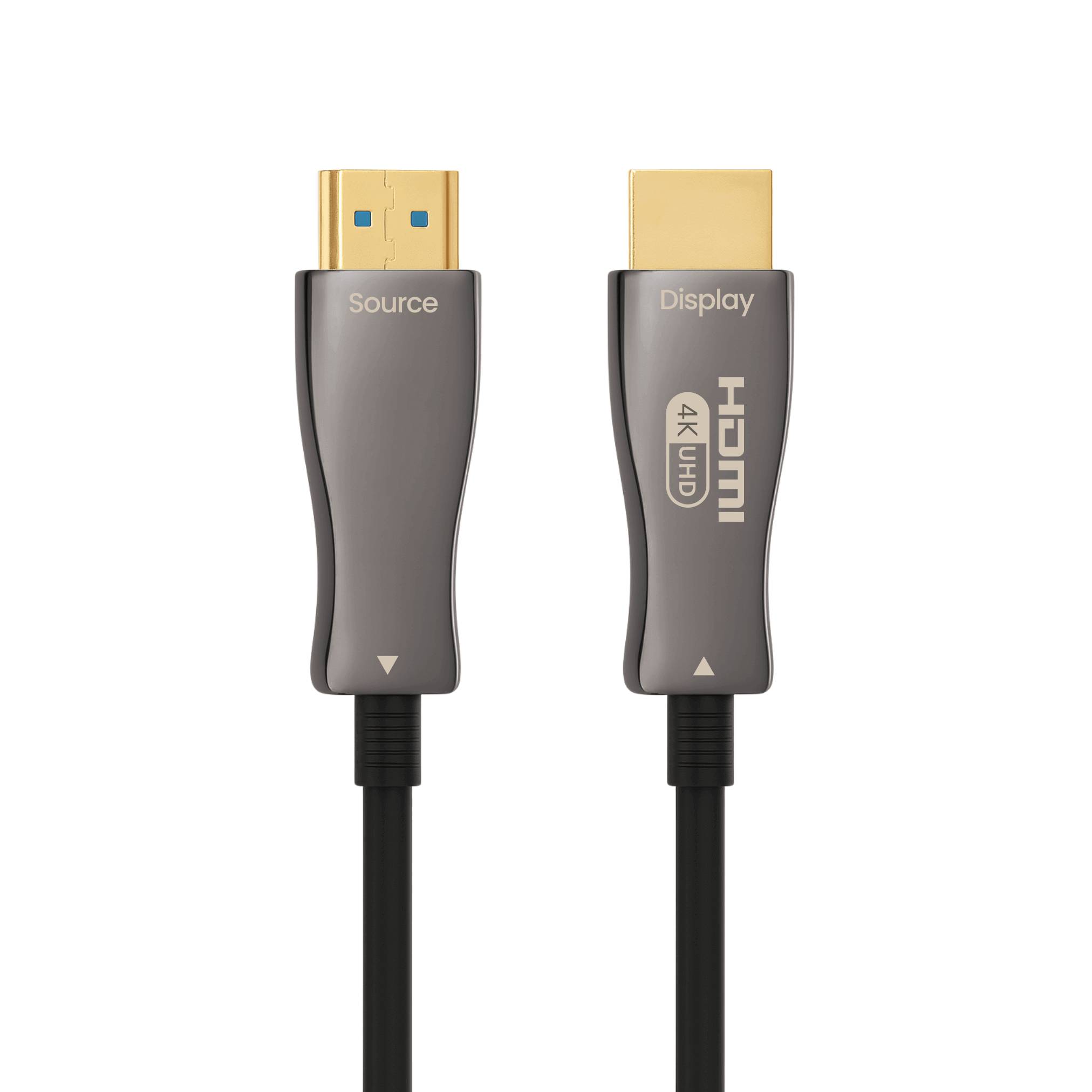 Zweiseitiges HDMI-Kabel mit 'Quelle' auf der einen Seite und 'HDMI 4K UHD Display' auf der anderen Seite, was die Richtung für hochauflösendes Video anzeigt.