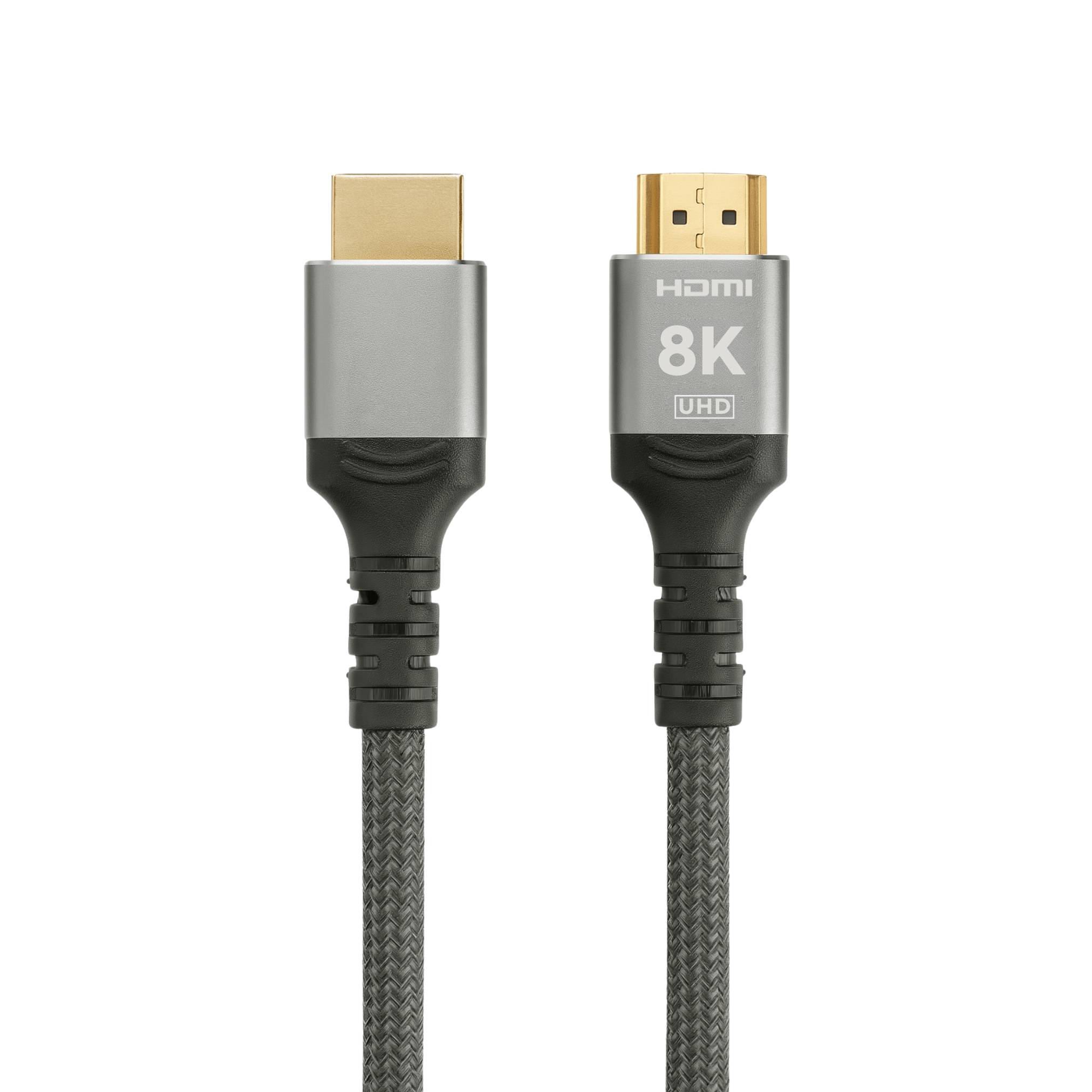 Zwei HDMI-Kabel mit grauen geflochtenen Ummantelungen. Eines ist mit '8K UHD' gekennzeichnet, was auf Unterstützung hoher Auflösung hinweist. Beide haben goldene Anschlüsse.