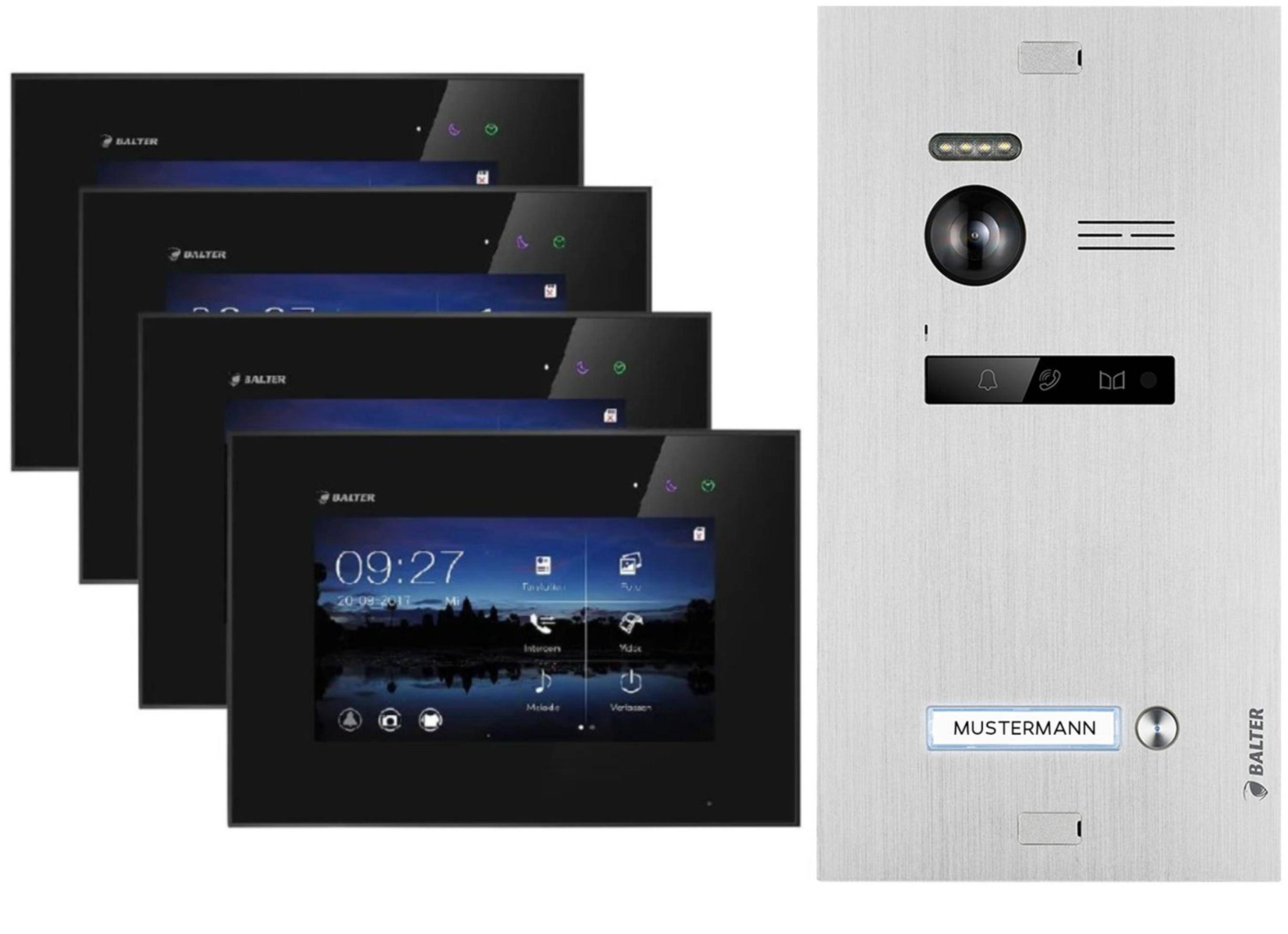 Balter EVO Video-Türsprechanlage für Einfamilienhaus mit 4x 7 Zoll Monitor Silber Schwarz