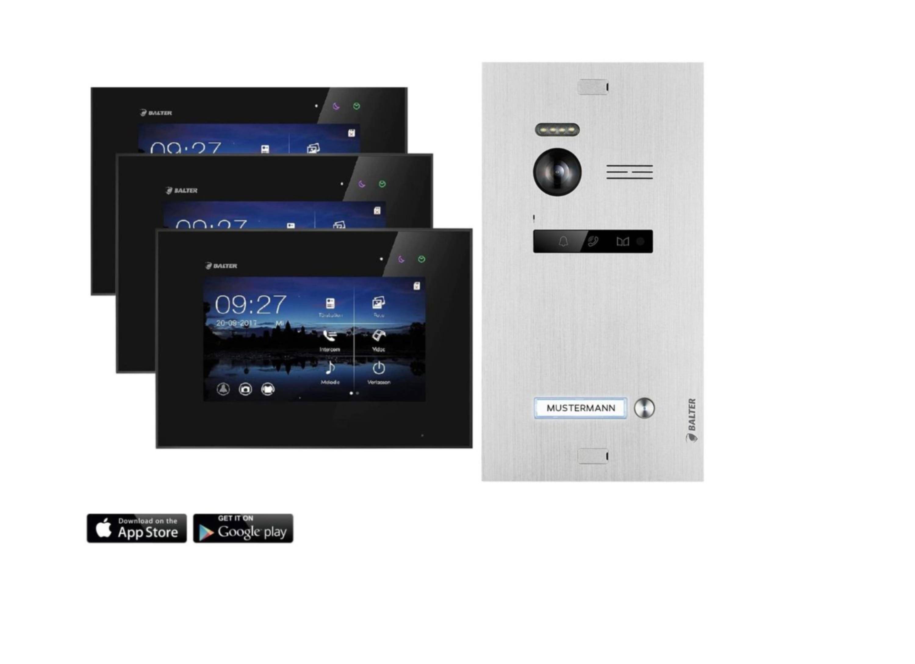 Balter EVO Video-Türsprechanlage mit App für Einfamilienhaus mit 3x 7 Zoll Monitor Silber Schwarz