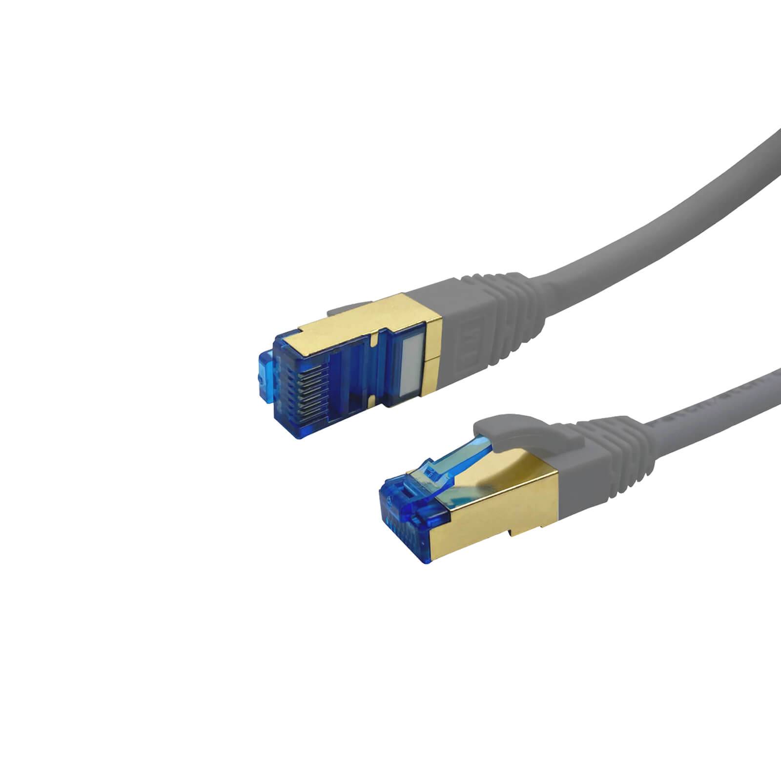 Zwei Ethernet-Kabel mit blauen Steckern und vergoldeten Kontakten werden auf einem weißen Hintergrund gezeigt, wobei Konnektivitätsausrüstung betont wird.
