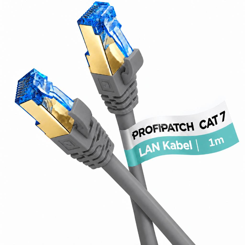 Zwei graue Cat7-Ethernet-Kabelstecker mit blauen Enden und einem Etikett mit der Aufschrift „PROFIPATCH CAT7 LAN Kabel 1m
