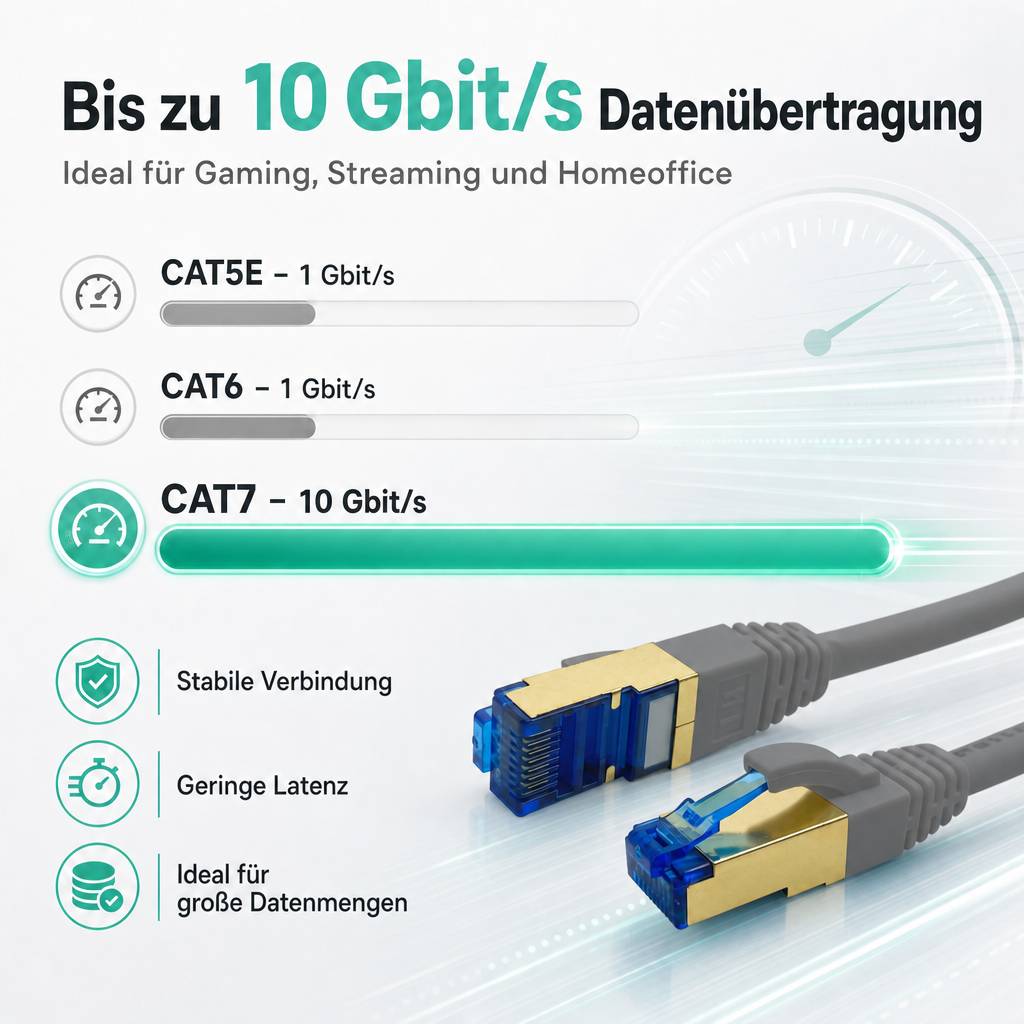 Werbegrafik für Ethernet-Kabel mit „Bis zu 10 Gbit/s Datenübertragung"; CAT5E und CAT6 unterstützen 1 Gbit/s, CAT7 unterstützt 10 Gbit/s, mit Vorteilen: stabile Verbindung, niedrige Latenz, große Datenübertragungen.