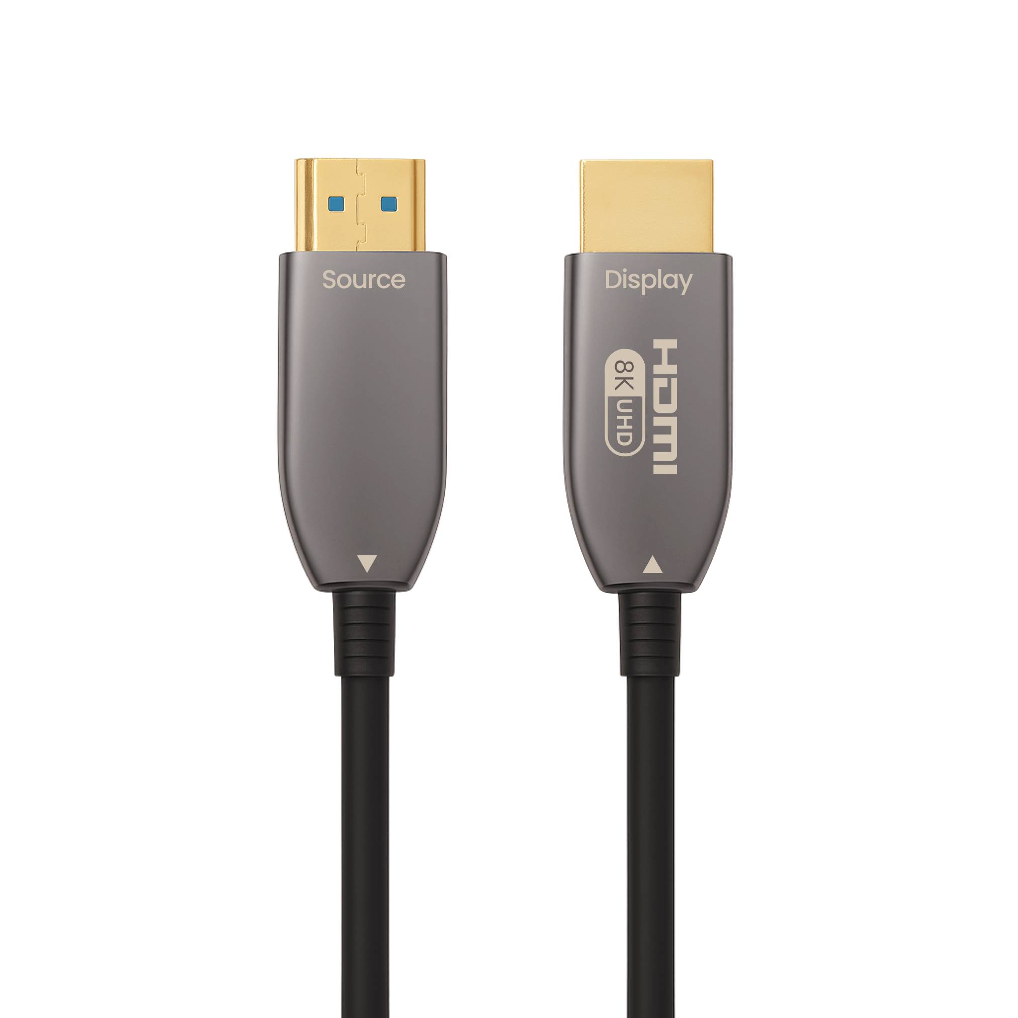 HDMI-Kabel mit beschrifteten Anschlüssen. Linker Anschluss: 