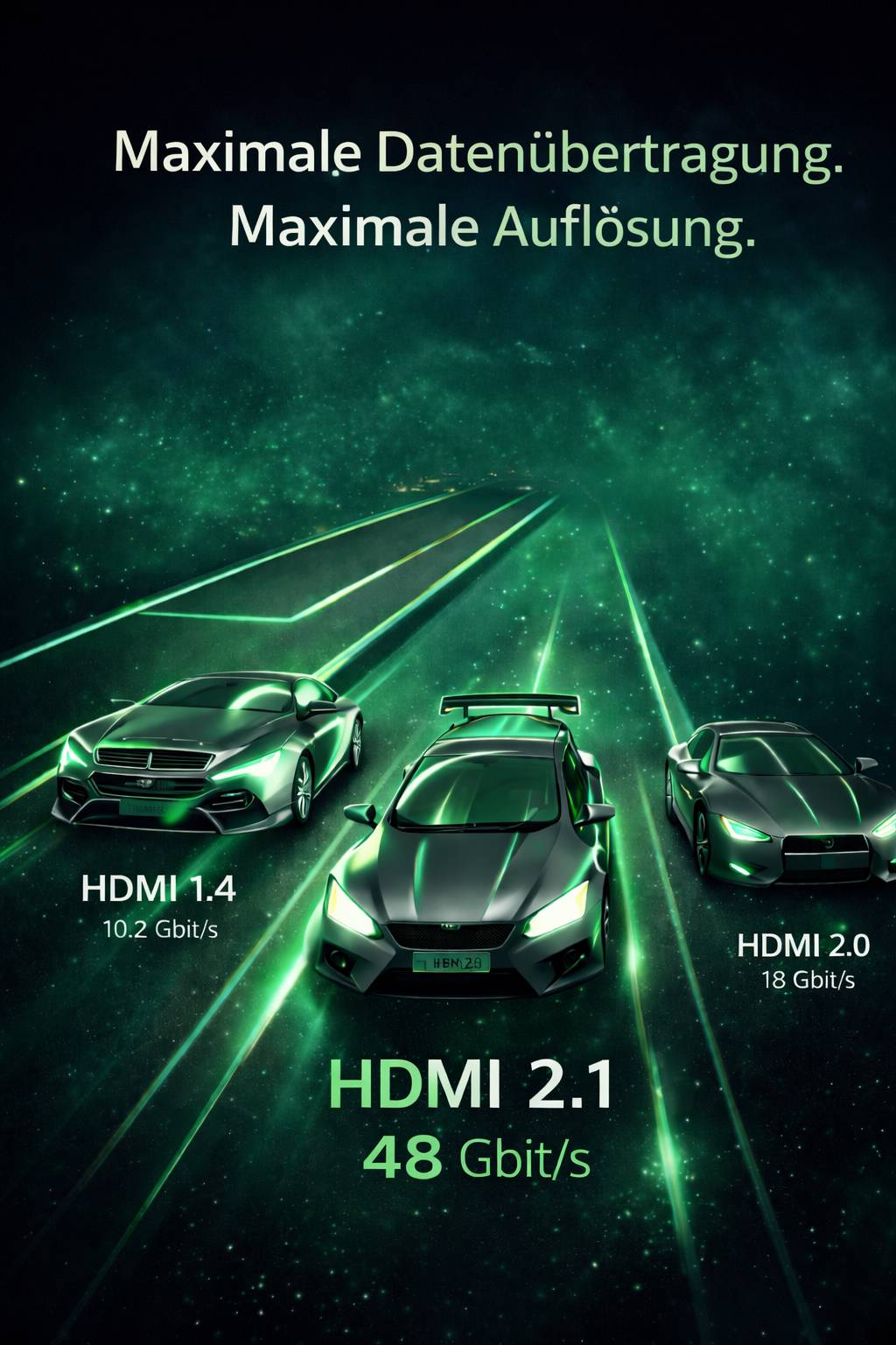 Drei Autos symbolisieren HDMI-Versionen: links ist „HDMI 1.4, 10,2 Gbit/s