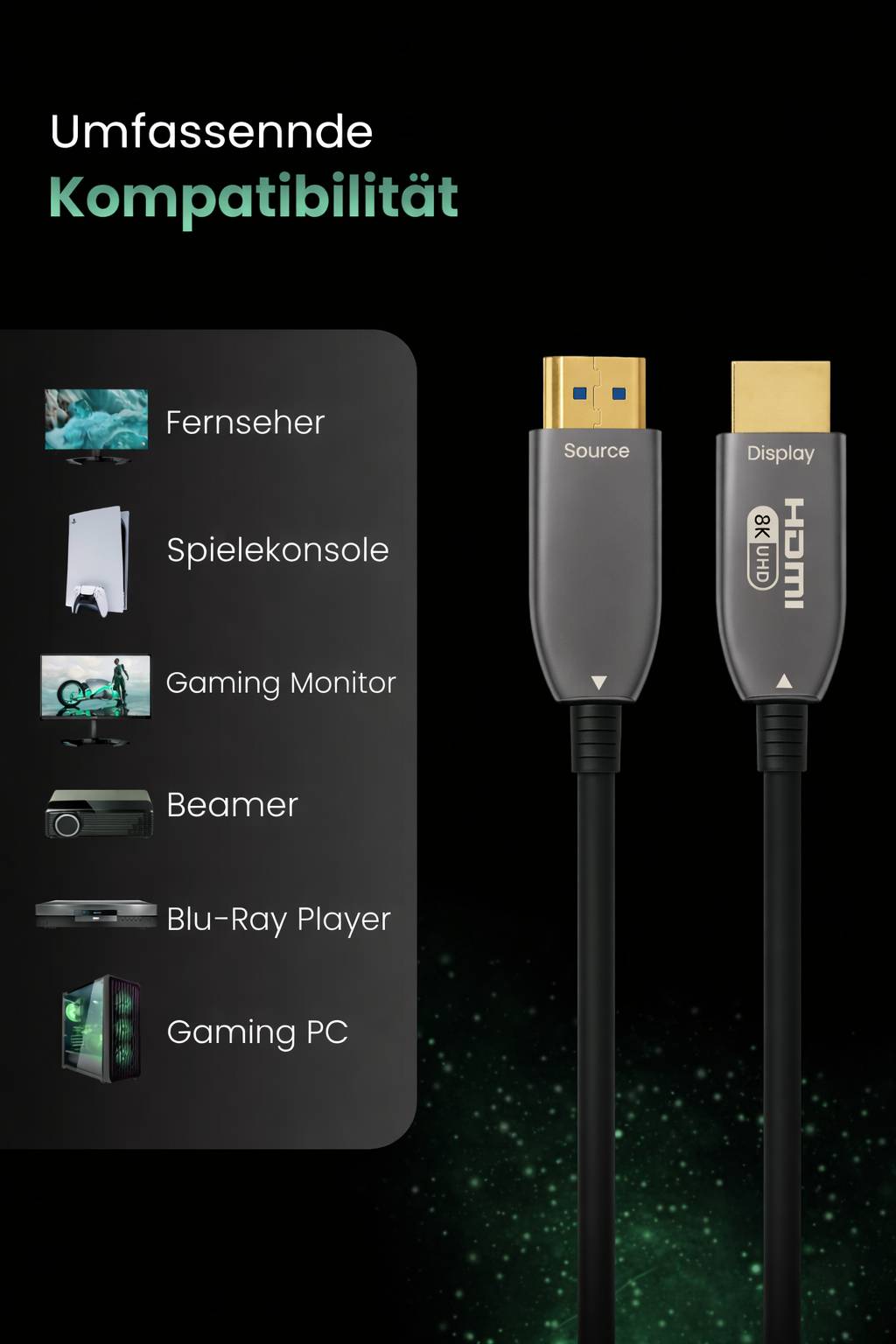 ProfiPatch HDMI Kabel 8K Glasfaserkabel 60Hz & 4K 120Hz UHD 10m grau Goldkontakt Textil für Monitore, Fernseher, Konsolen