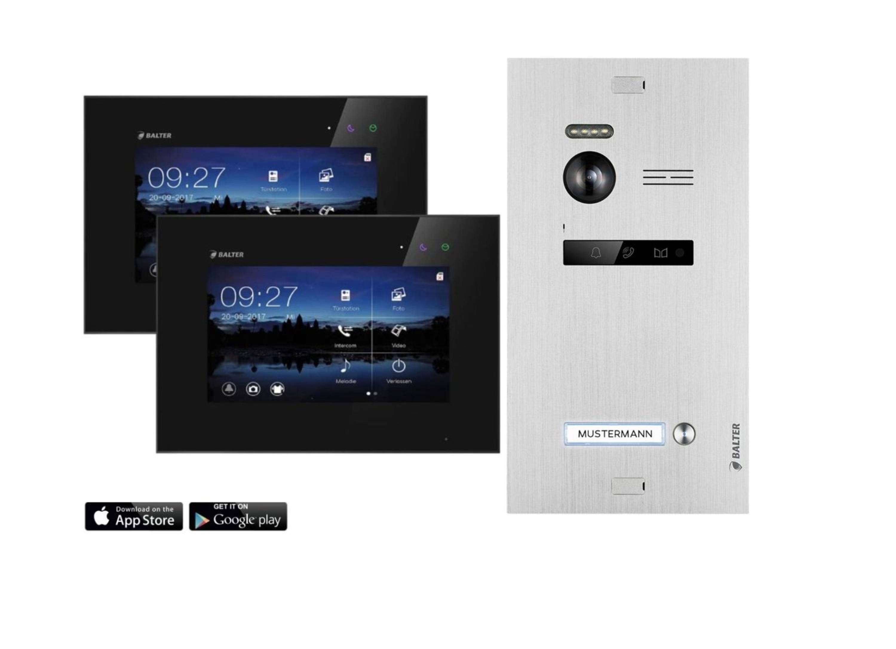 Balter EVO Video-Türsprechanlage mit App für Einfamilienhaus mit 2x 7 Zoll Monitor Silber Schwarz