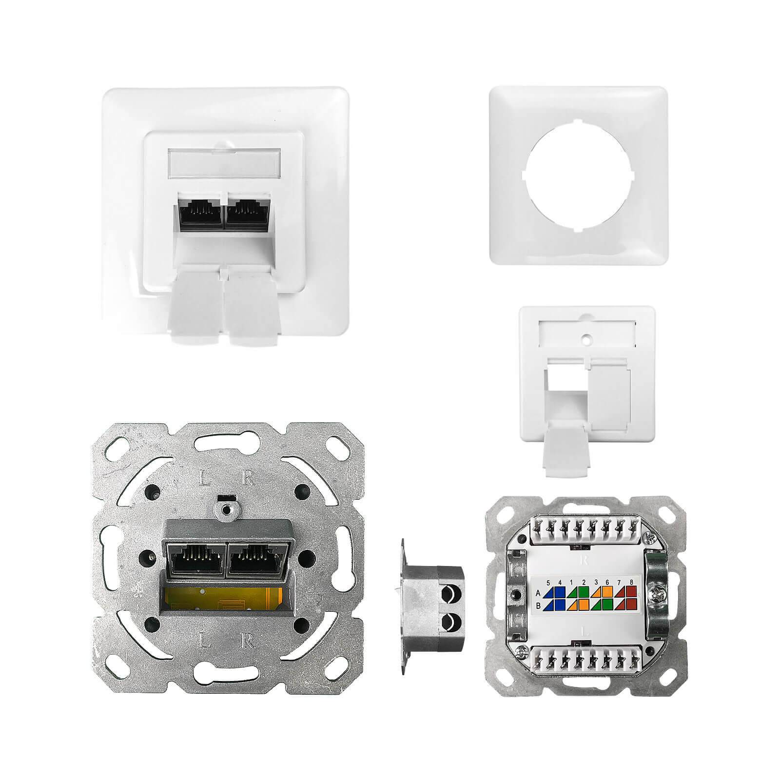 ProfiPatch Netzwerkdose LAN Dose Cat6 250MHz Unterputz 2x RJ45 Port Anschluss rechts/links POE CAT6,CAT5 geschirmt weiß