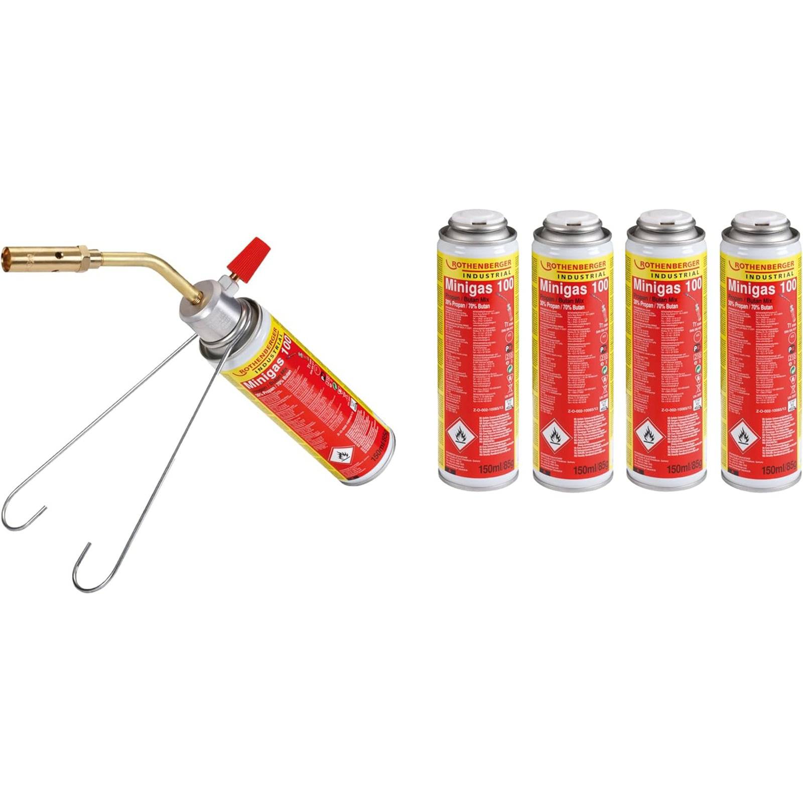 Ein Campingkocher-Brenner mit angeschlossener Gaskartusche wird neben vier zusätzlichen roten Gaskartuschen gezeigt, die mit 