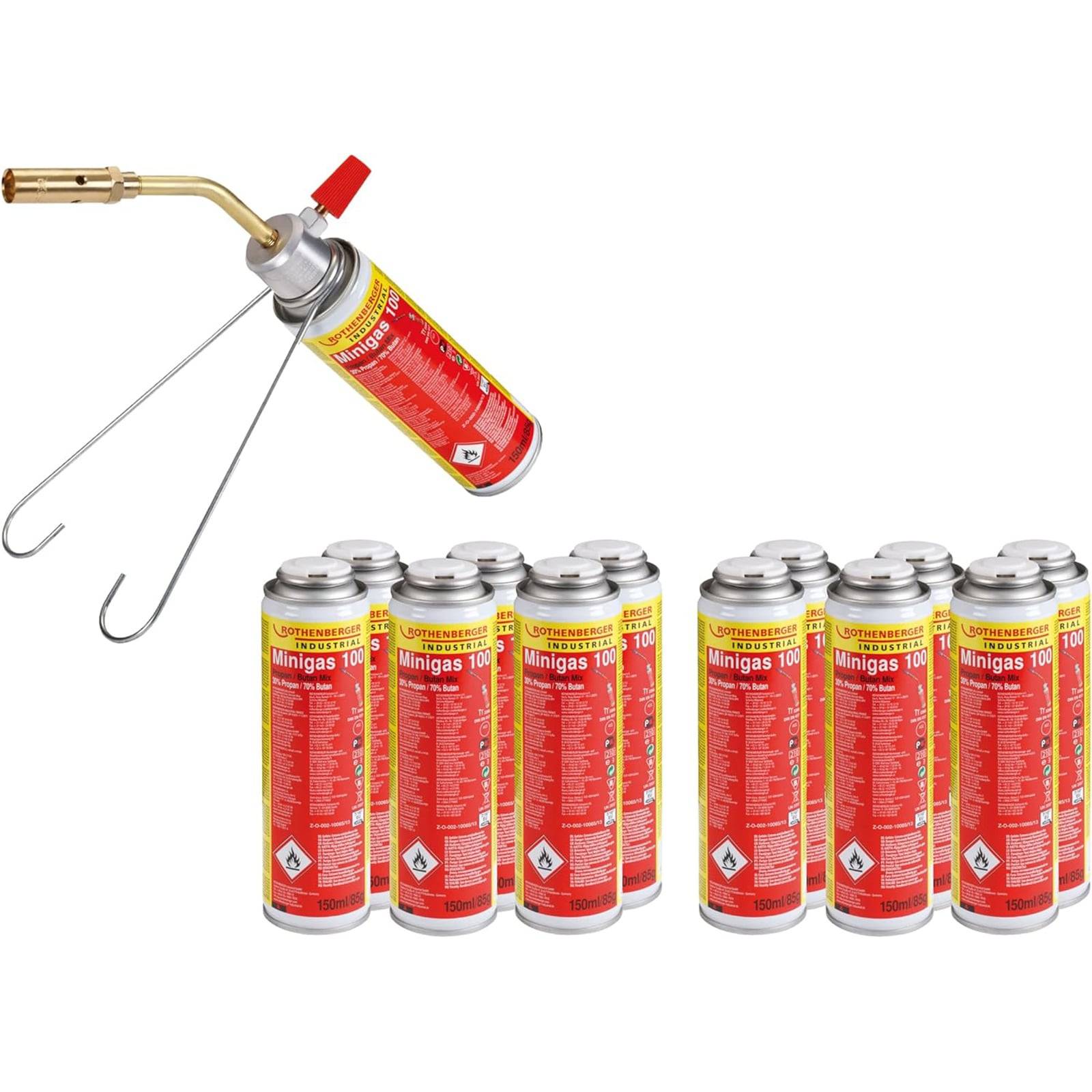 Eine Brennerflamme, die an einen Minigas-Behälter angeschlossen ist, wird zusammen mit mehreren zusätzlichen Minigas-Behältern gezeigt. Alle Behälter sind rot und gelb.