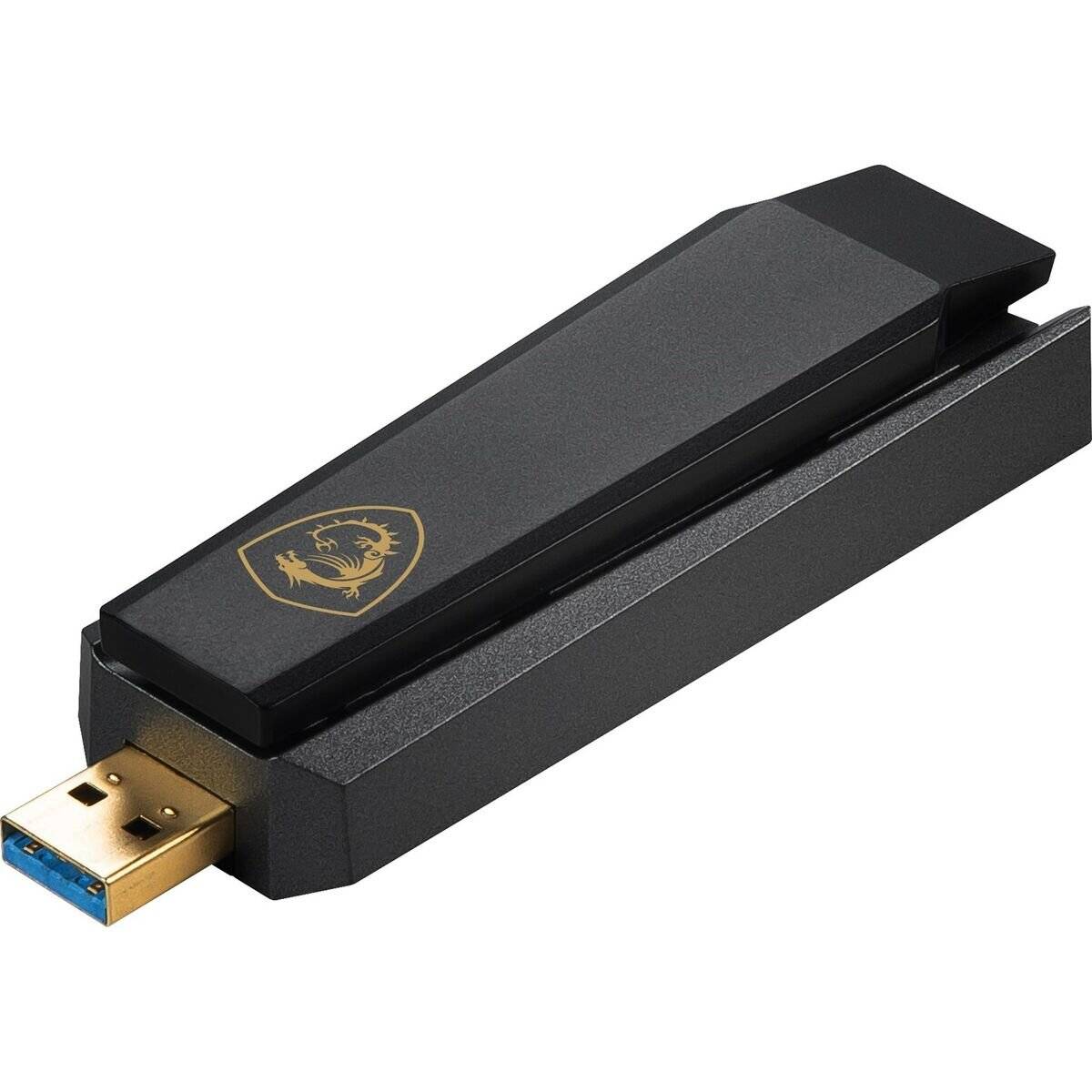Ein schwarzer USB-Stick mit einem goldenen Logo auf seiner Oberfläche ist zu sehen. Der USB-Anschluss ist freigelegt und einsatzbereit.