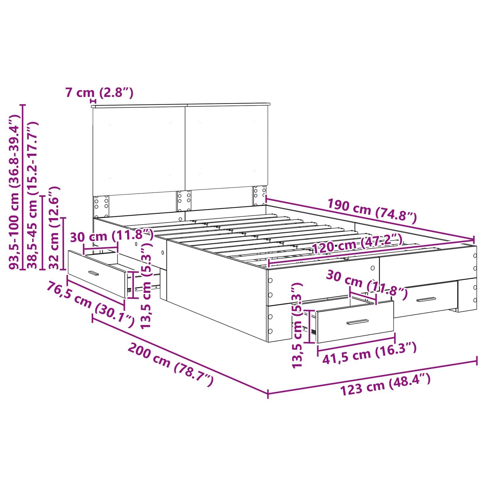 Bettrahmen mit Stauraum-Design umfasst Abmessungen: 200 cm x 123 cm, mit einer Höhenspanne von 36,8 cm bis 39,4 cm. Inklusive Schubladen und Kopfteilmaße.
