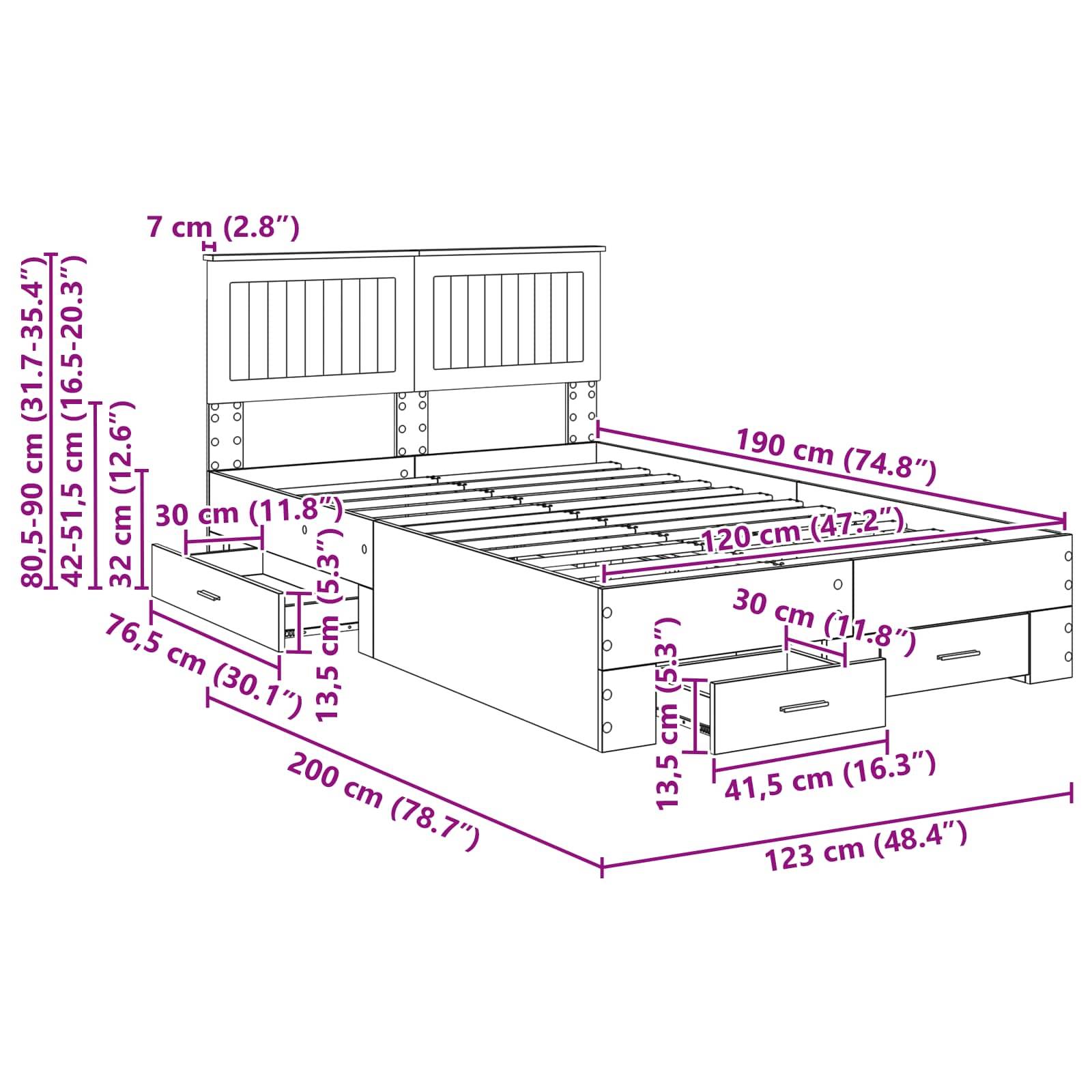 Ein Bett mit Staurageschubladen wird gezeigt, mit beschrifteten Abmessungen: Länge 200 cm, Breite 123 cm, Höhe 80,5-90 cm und verschiedenen Schubladengrößen.