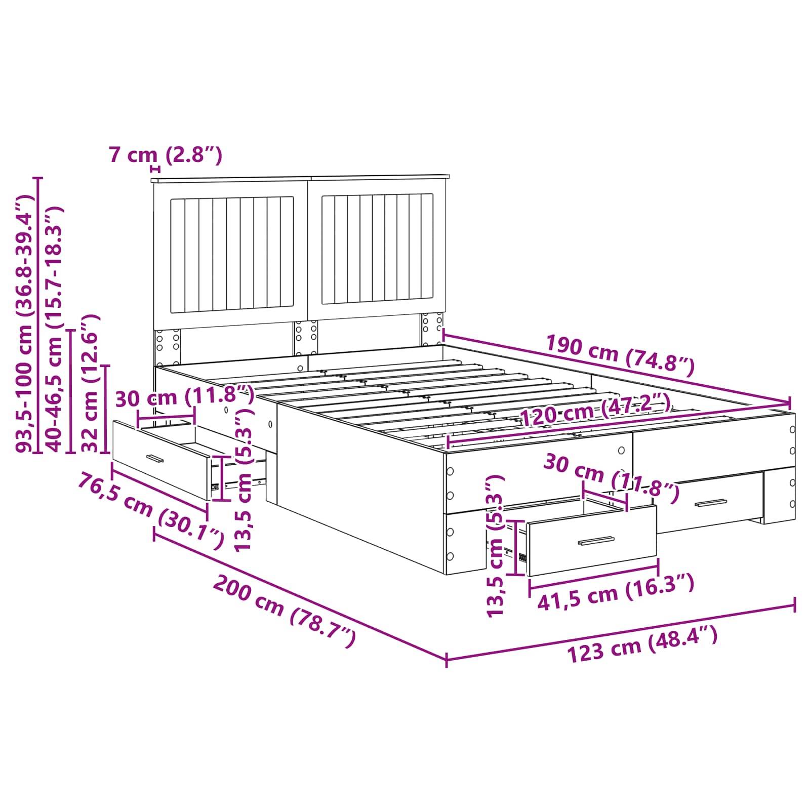 Bettrahmen-Diagramm mit Maßangaben in Zentimetern und Zoll. Beinhaltet Kopfteilhöhe von 93,5-100 cm, Bettlänge 200 cm, Breite 123 cm.