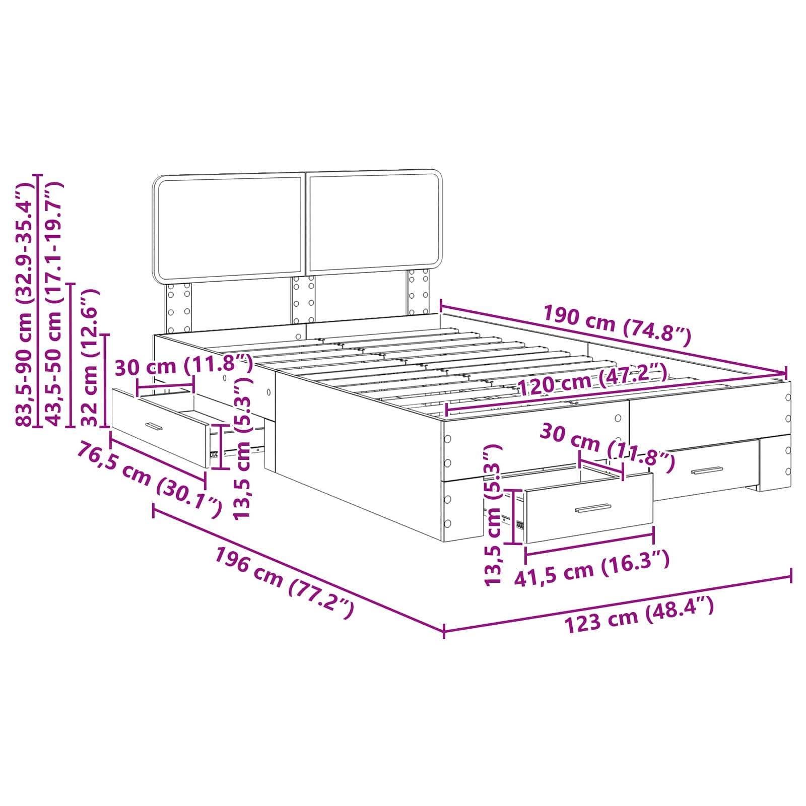 Diagramm eines Bettgestells mit Abmessungen: Länge 190 cm, Breite 123 cm, Höhe 83-90 cm; Schubladen 30 cm breit, Höhe 13,5 cm.