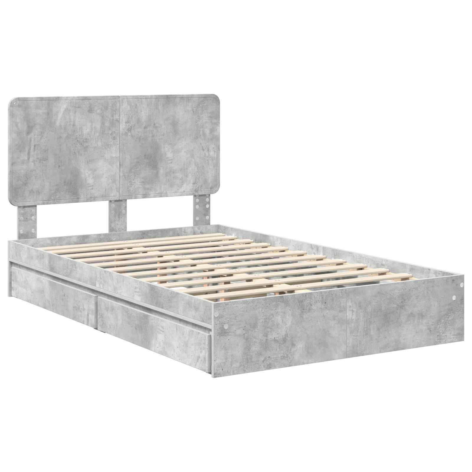 Ein grauer Holzbettrahmen mit Kopfteil, Lattenrost und zwei Schubladen darunter, konzipiert für eine moderne Schlafzimmergestaltung.