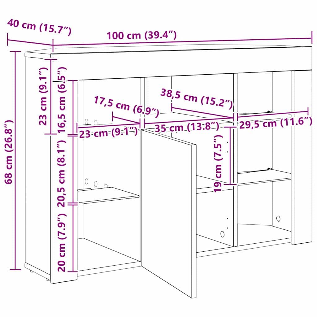 Schrankabmessungen: Höhe 68 cm, Breite 100 cm, Tiefe 40 cm. Regalgröße in cm angegeben, mit teilweise offenen und geschlossenen Regalen.