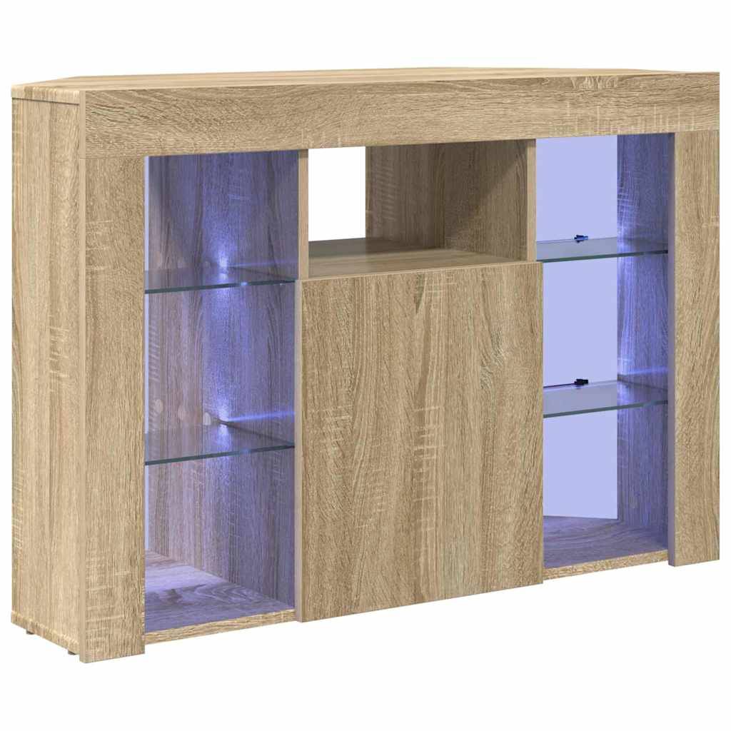 Ein modernes Holzsideboard mit einer hellen Eichenoberfläche, ausgestattet mit je zwei Glasregalen an jeder Seite, die mit blauen LED-Leuchten hintergrundbeleuchtet sind.