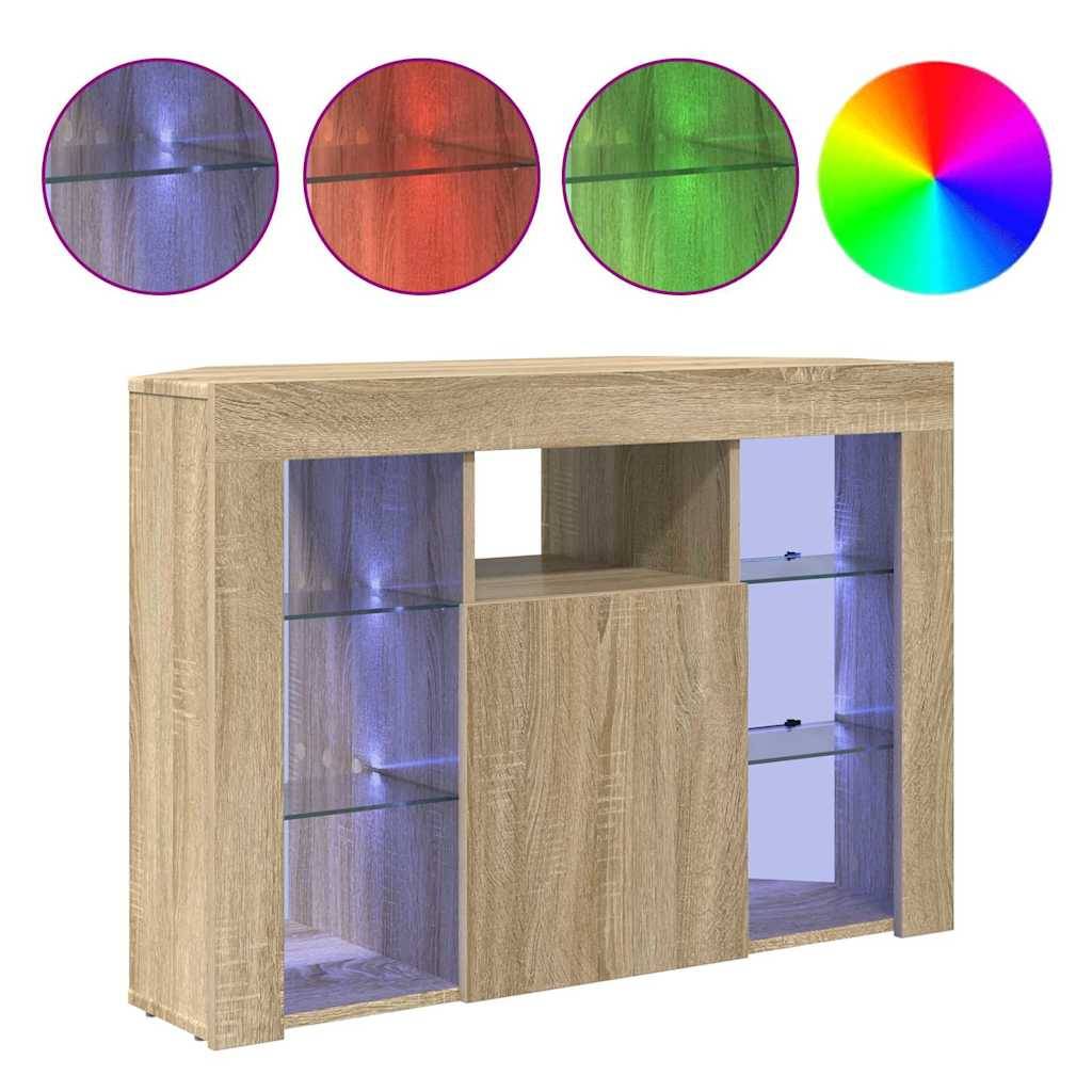 Ein Holzregal mit Glaspaneelen wird präsentiert, ausgestattet mit LED-Beleuchtungsoptionen in Lila, Rot, Grün und einem Farbrad zur individuellen Anpassung.