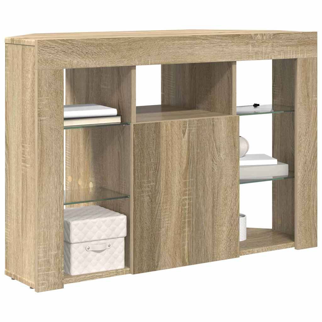 Sideboard aus Holz mit Eichenoberfläche, der ein modernes Design aufweist, drei offene Regale mit Dekorationsgegenständen und zwei verdeckte Stauraumbereiche besitzt.
