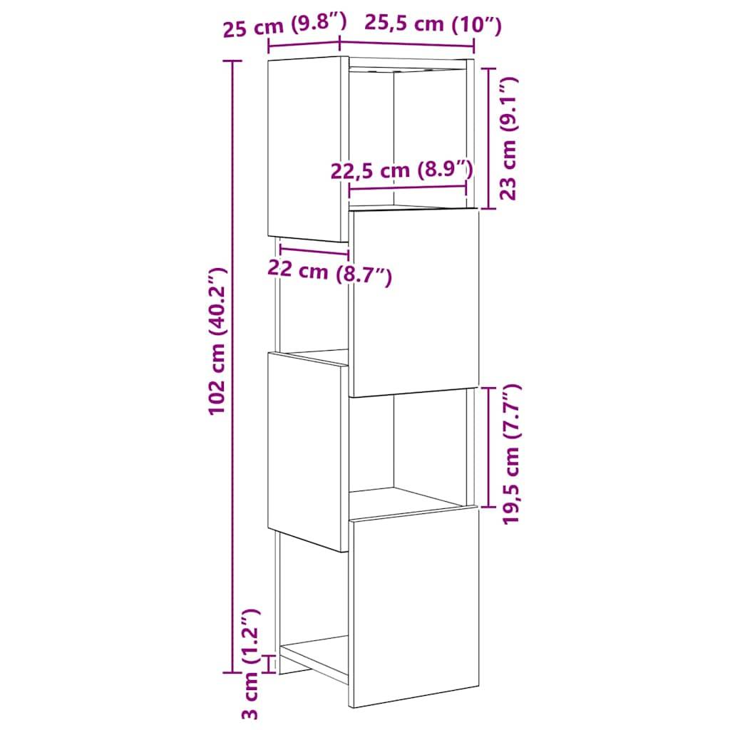 Diagramm eines hohen Regalschranks mit 4 Fächern, unterschiedliche Höhen: 25 cm, 22,5 cm, 22 cm und 19,5 cm. Gesamthöhe 175 cm.