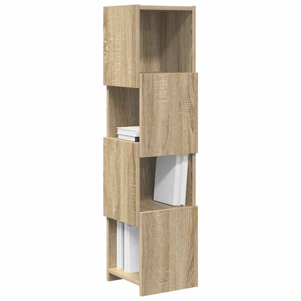 Holz-Bücherregal mit drei Etagen und versetzt angeordneten Regalen, auf denen einige Bücher horizontal platziert sind. Modernes Design, geeignet für Zuhause oder Büro.