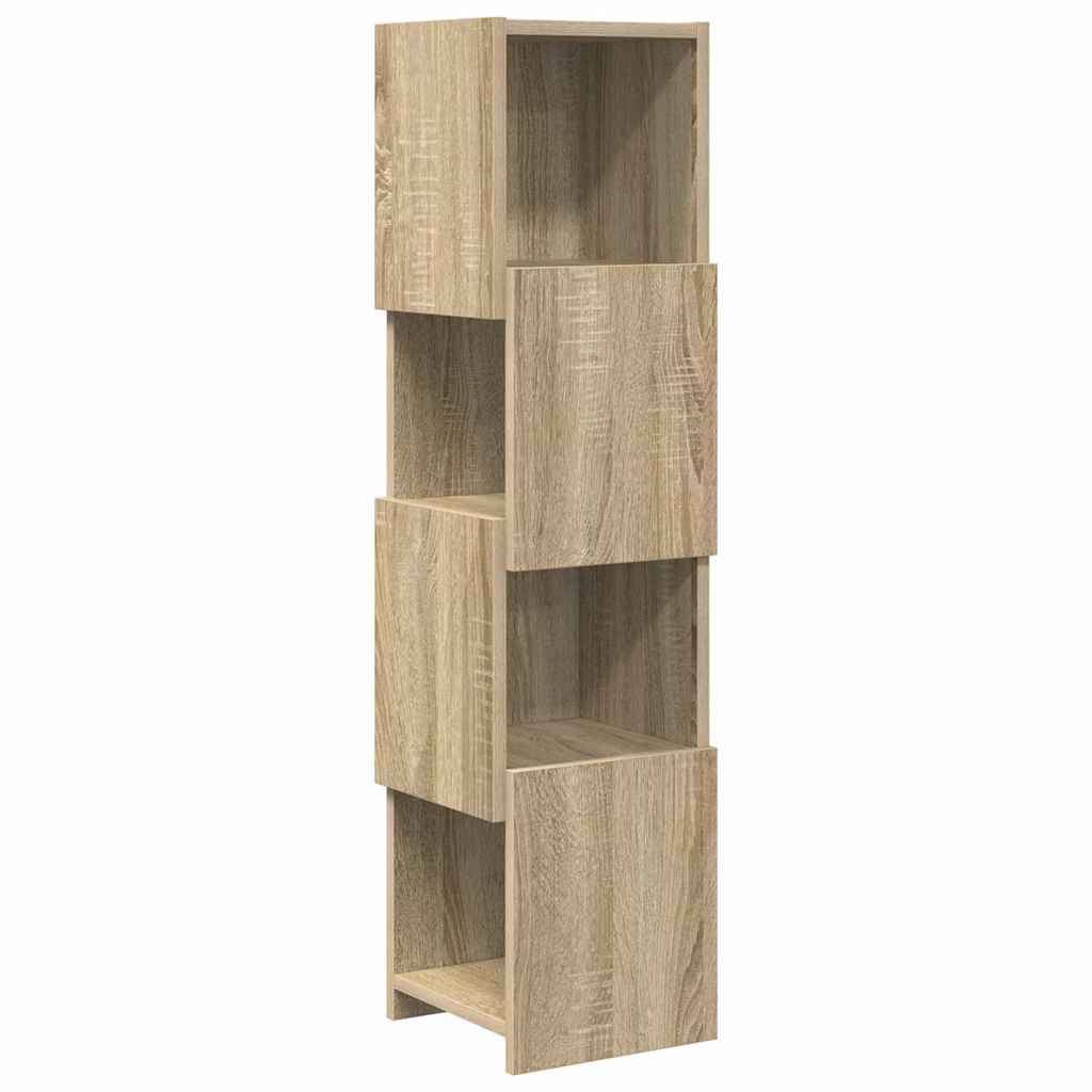 Ein Holzregal mit vertikaler Ausrichtung, das drei offene Fächer in einer versetzten Anordnung umfasst und einen modernen, minimalistischen Stil präsentiert.