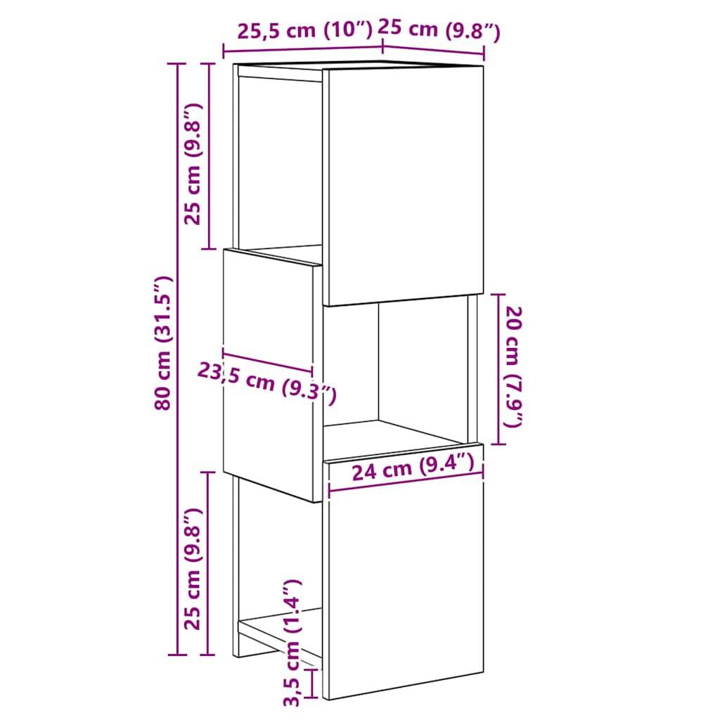 Darstellung eines Regalsystems mit Abmessungen. Obere Box: 25,5 cm breit, 25 cm hoch. Mittlere Box: 25 cm breit, 23,5 cm hoch. Untere Box: 24 cm breit, 35,5 cm hoch. Gesamthöhe: 80 cm.