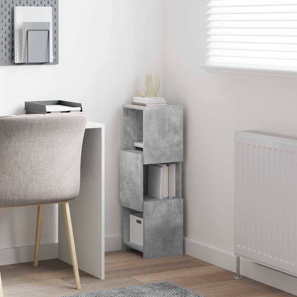 Ein minimalistischer Arbeitsplatz mit einem hellgrauen Schreibtisch, einem beigen Stuhl, grauen Regalen mit Büchern, einer kleinen weißen Vase und einem Heizkörper am Fenster.