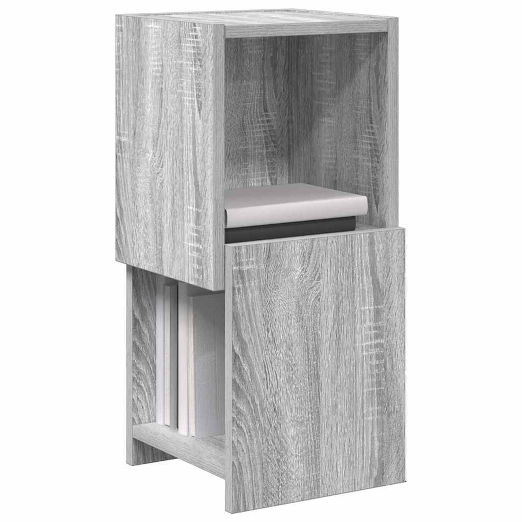 Hellgraues Holzschrank mit offlenem oberen Regal und unterer ausziehbarer Schublade, dargestellt auf weißem Hintergrund.