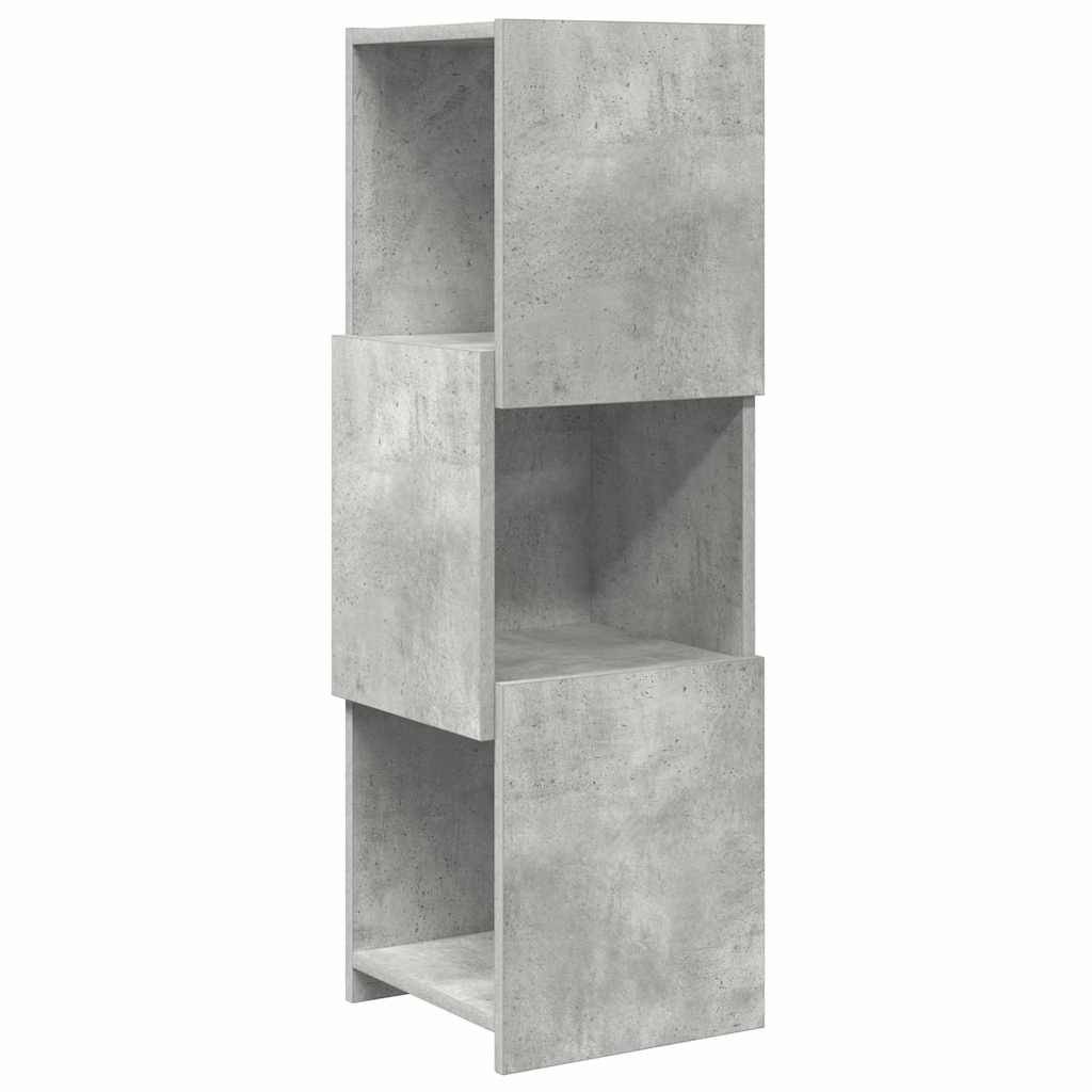 Hohes, graues Modular-Regalsystem im Betonoptik-Stil mit vier offenen Fächern, dargestellt vor weißem Hintergrund.