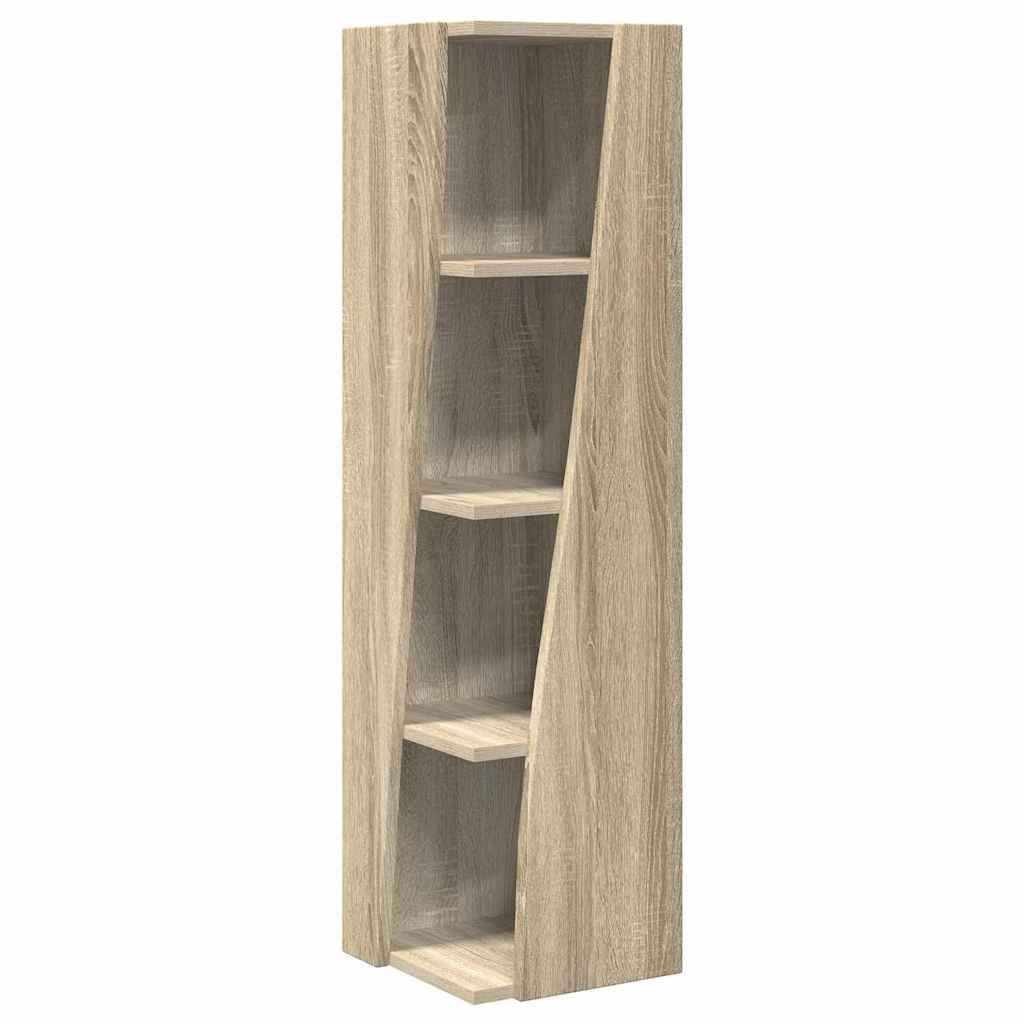 Hohes Eckregal aus hellem Holz mit vier offenen Regalen und abgewinkelten Frontpaneelen.